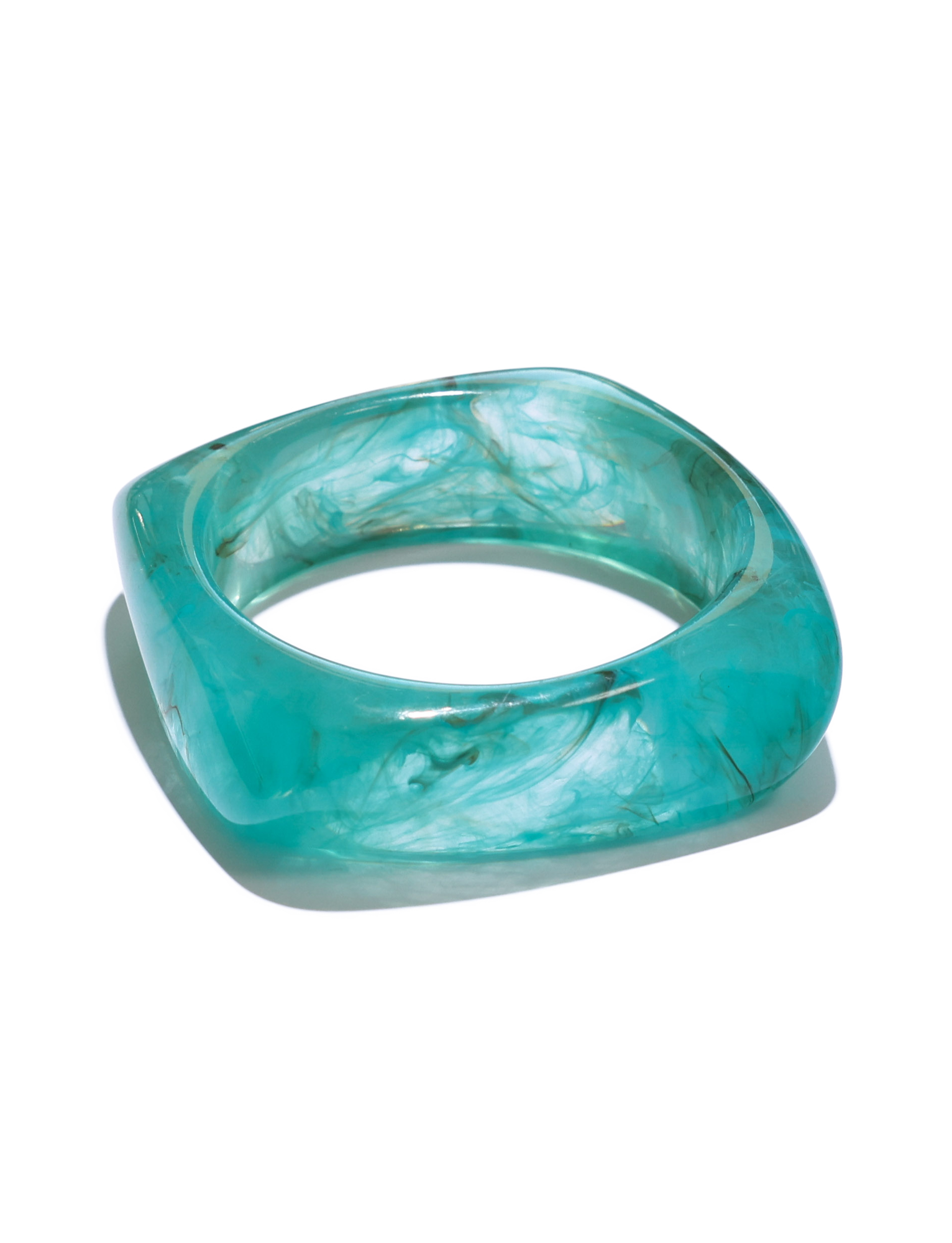 The TIGERMIST TIA CHUNKY 2PC RESIN BANGLE SET features geometric, square-shaped bangles in cream and blue marbled resin, displayed against a white background with a subtle shadow.