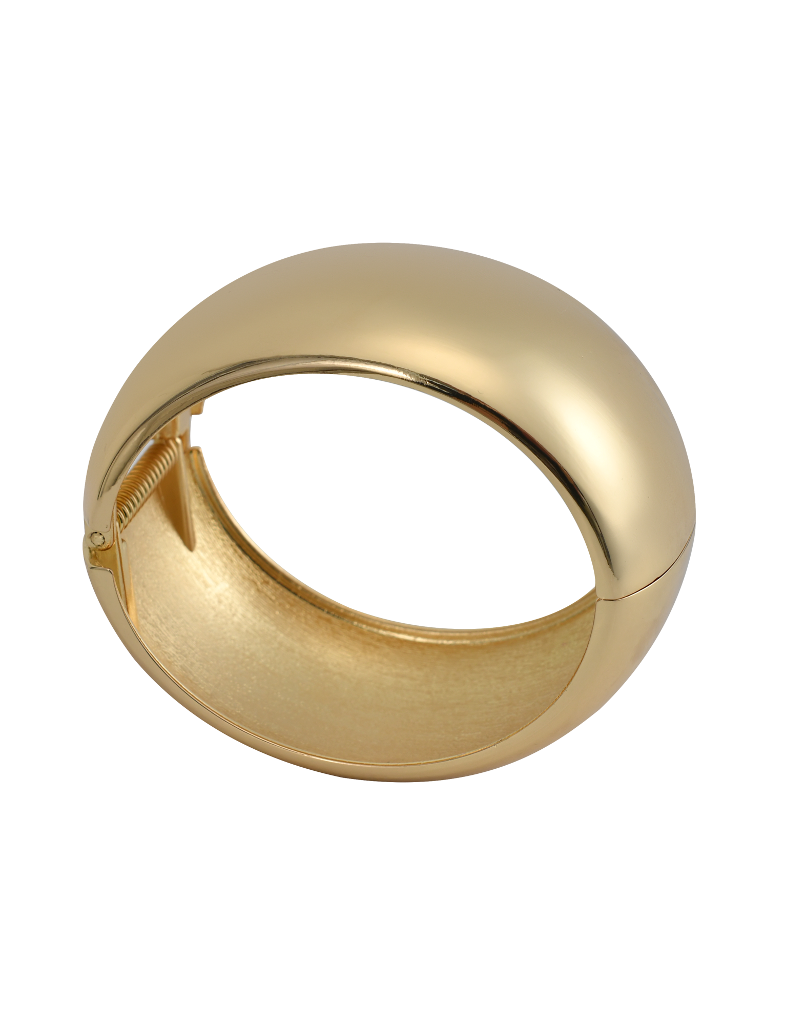 The MIRAH CHUNKY BANGLE - GOLD by TIGERMIST is a shiny, thick gold cuff with a smooth, rounded surface and hinged clasp, shown open on a plain white background for a bold, statement look.