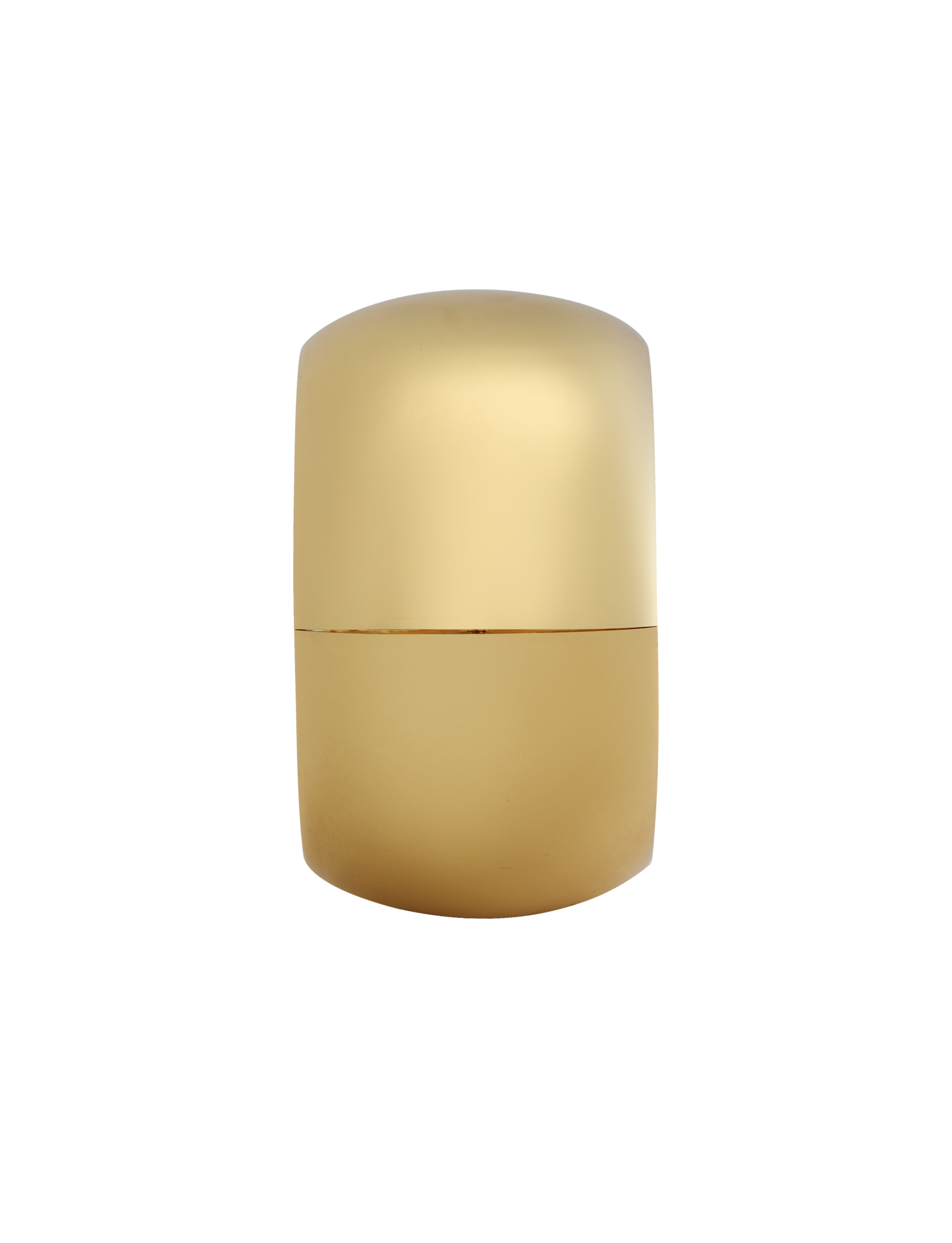 A matte gold, capsule-shaped MIRAH CHUNKY BANGLE by TIGERMIST rests centered on a blurred beige and brown gradient background, its rounded form and mid-seam evoking the bold elegance of a statement bracelet.