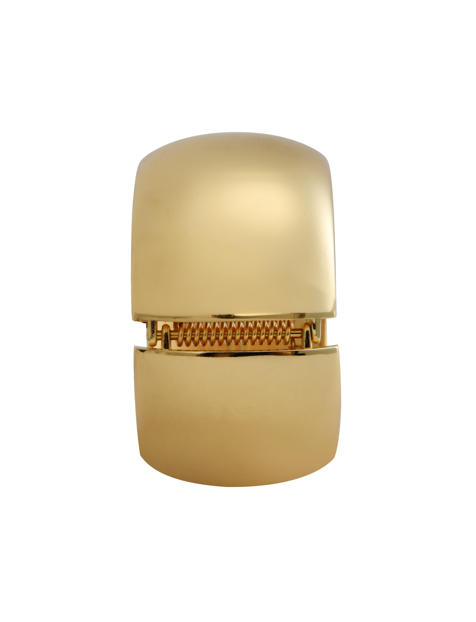The MIRAH CHUNKY BANGLE - GOLD by TIGERMIST is featured against a neutral background, showcasing its sleek, curved design reminiscent of a chunky bracelet with a polished metallic center detail.