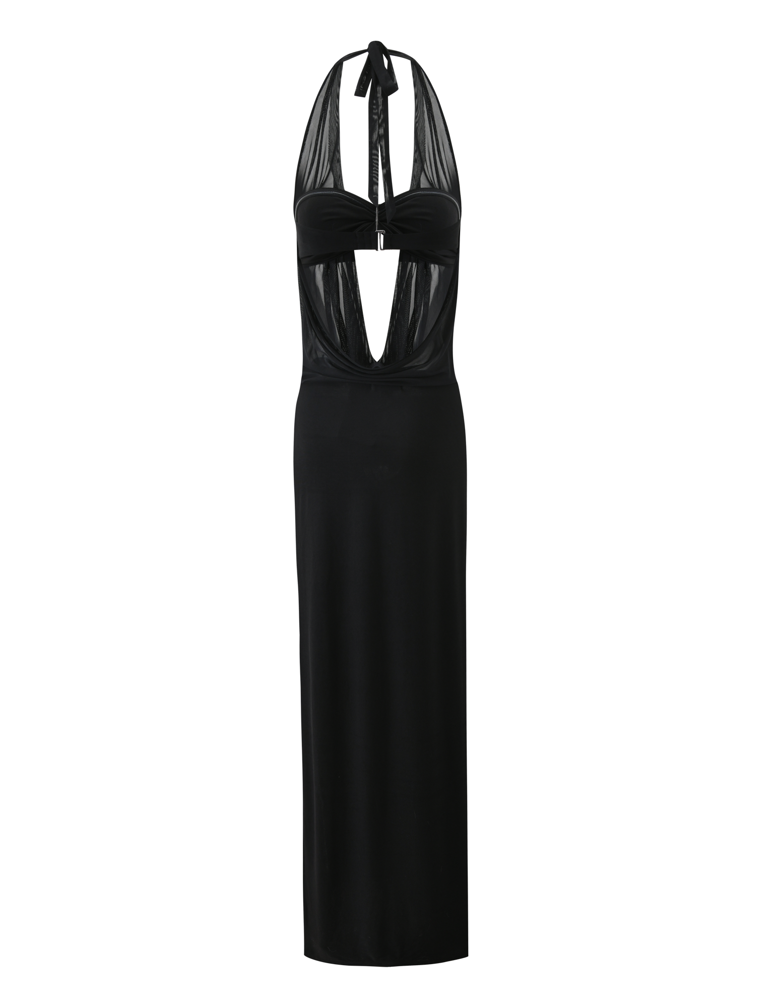 The MAKENA TWO-PIECE MAXI DRESS by TIGERMIST is a black, sleeveless, floor-length dress featuring a halter neck tie, sheer mesh bodice panels, a front cut-out, fitted silhouette, and an open back.