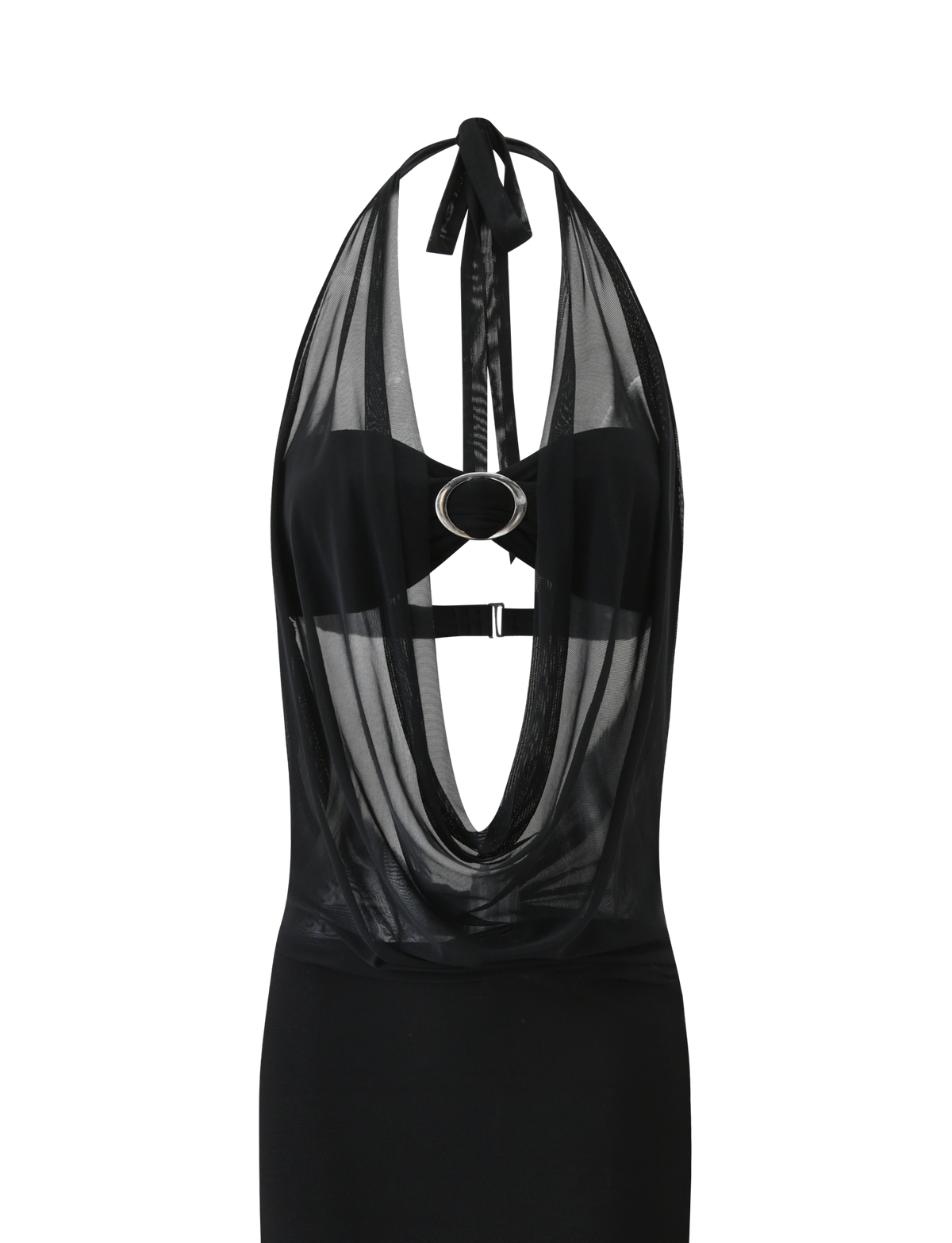 The TIGERMIST MAKENA TWO-PIECE MAXI DRESS in black features a sleeveless, fitted silhouette with a plunging sheer mesh neckline, deep front drape, silver ring chest detail, and open back—elegant and striking for any occasion.