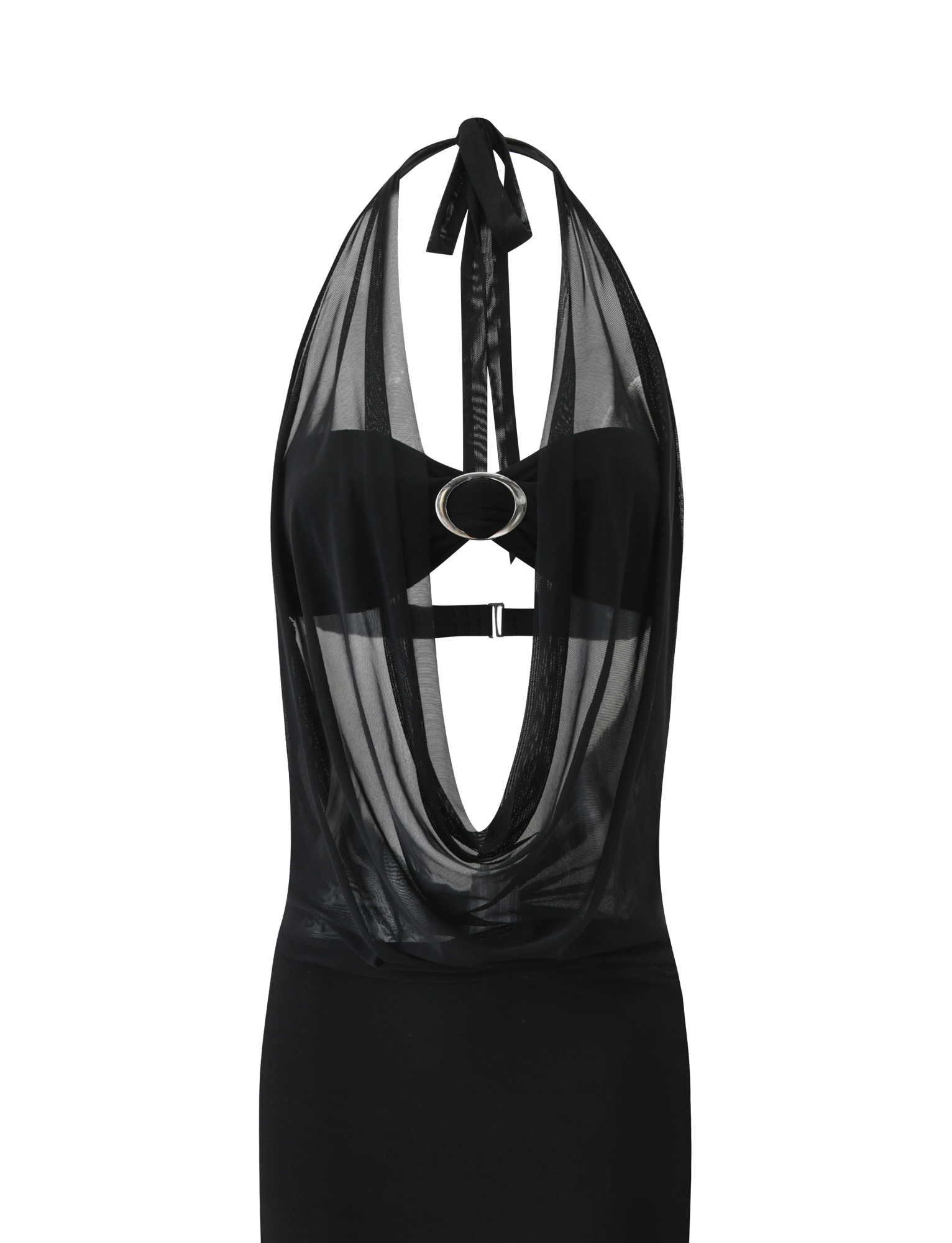 The TIGERMIST MAKENA TWO-PIECE MAXI DRESS in black features a sleeveless, fitted silhouette with a plunging sheer mesh neckline, deep front drape, silver ring chest detail, and open back—elegant and striking for any occasion.