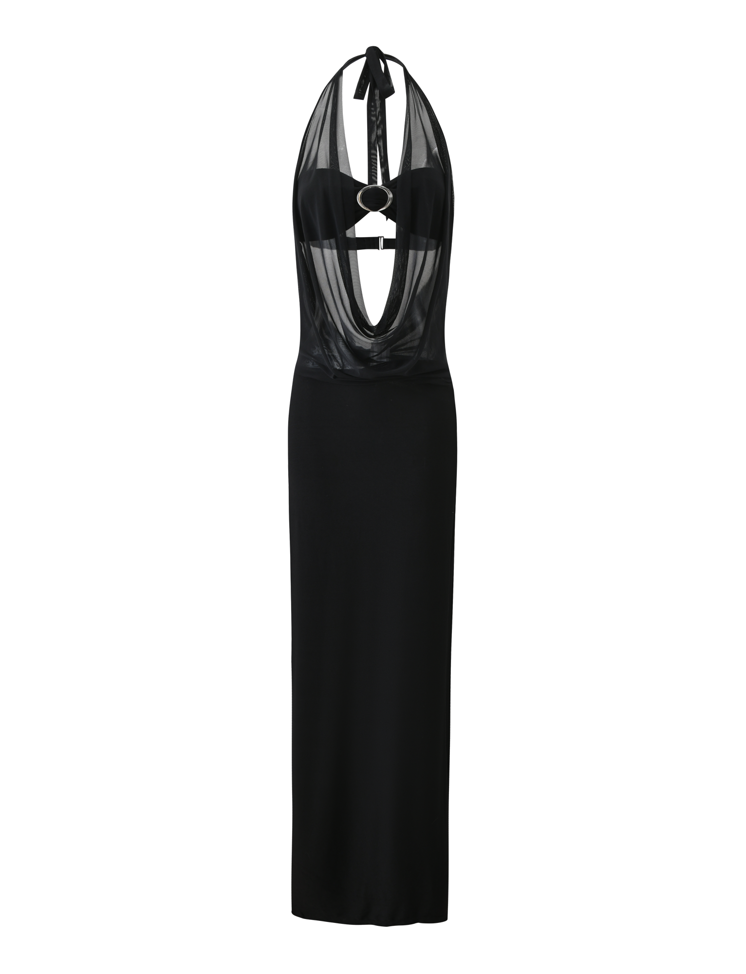 Elevate your style with the MAKENA TWO-PIECE MAXI DRESS by TIGERMIST—a black, sleeveless dress featuring a halter neck, sheer draped bodice with keyhole cutout, and a slim fitted skirt.