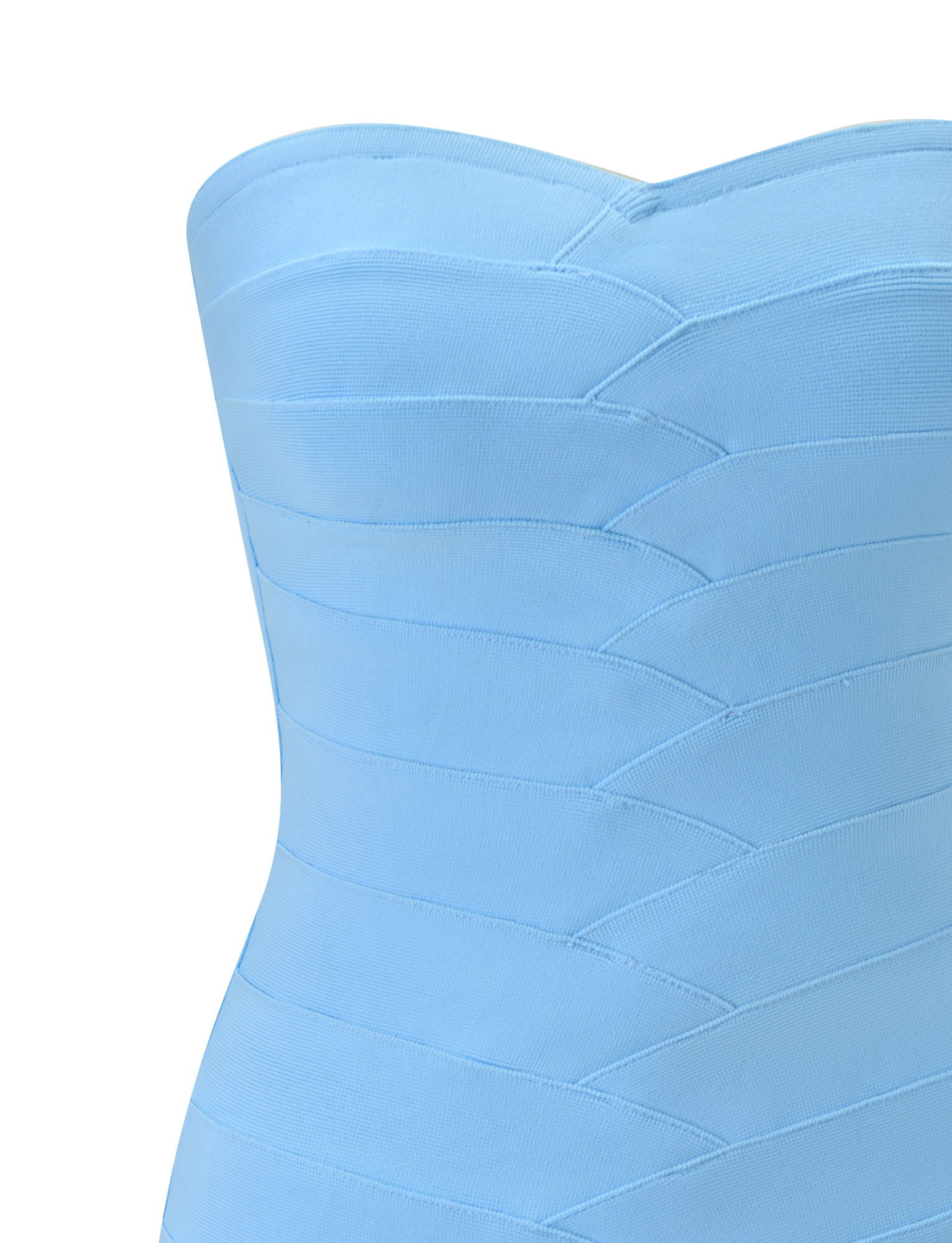 Close-up of the NIYA BANDAGE DRESS by TIGERMIST, featuring a strapless sweetheart neckline and bodycon fit in light blue with panel detailing, shown on the upper torso against a plain white background.