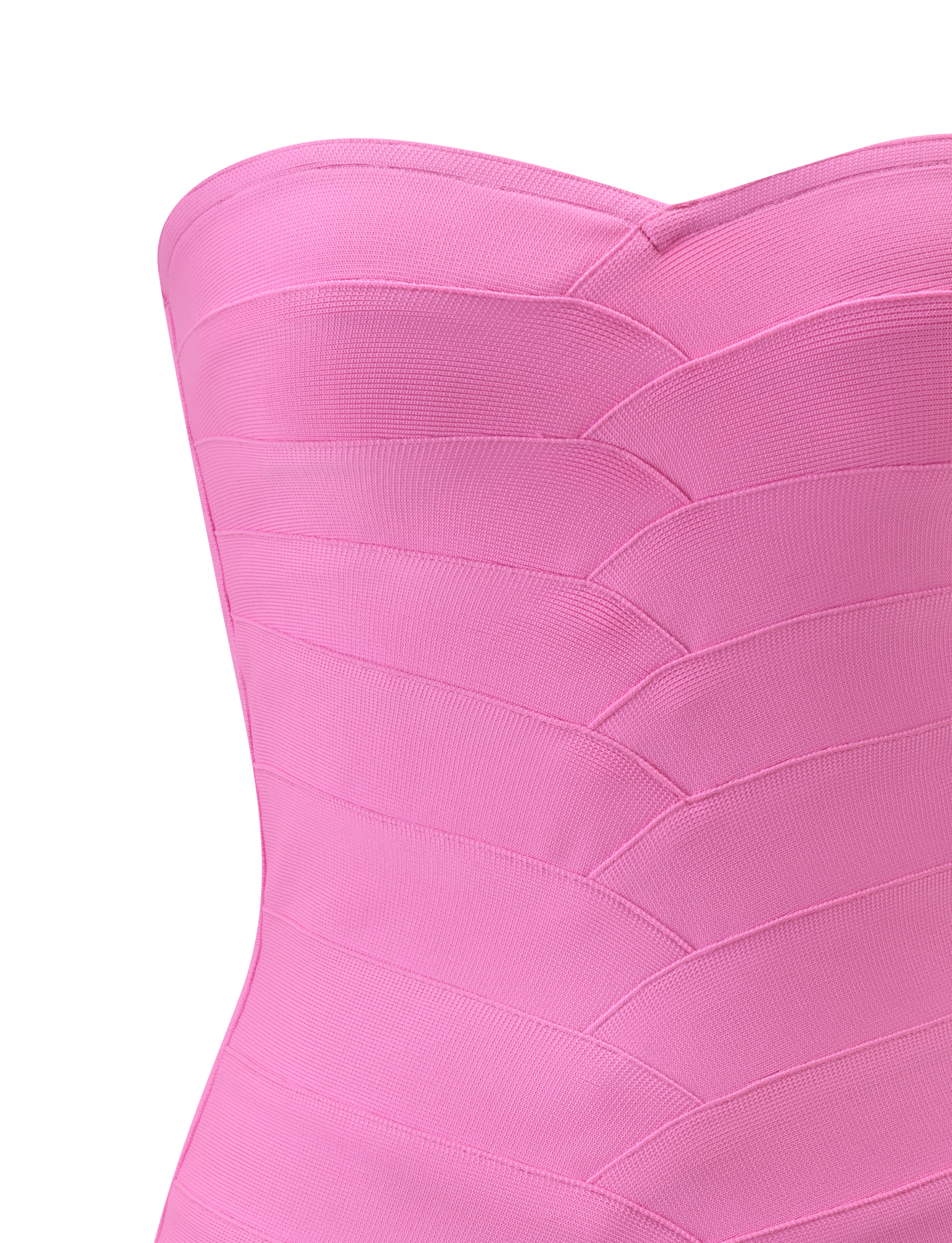 Close-up of the TIGERMIST NIYA BANDAGE DRESS in pink, a strapless mini dress with a sweetheart neckline, chevron-textured pattern, and structured fabric. Shown against a plain white background.