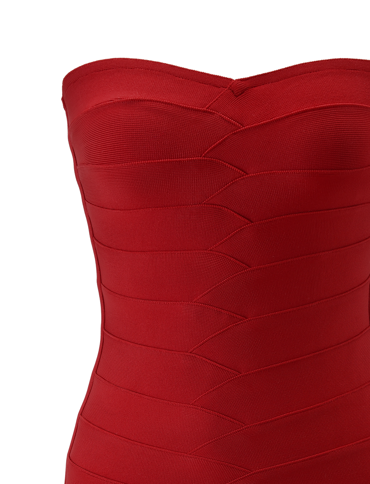 Close-up of the TIGERMIST NIYA BANDAGE MINI DRESS in red, featuring a strapless sweetheart neckline and a textured bandage knit pattern, shown on a white background.
