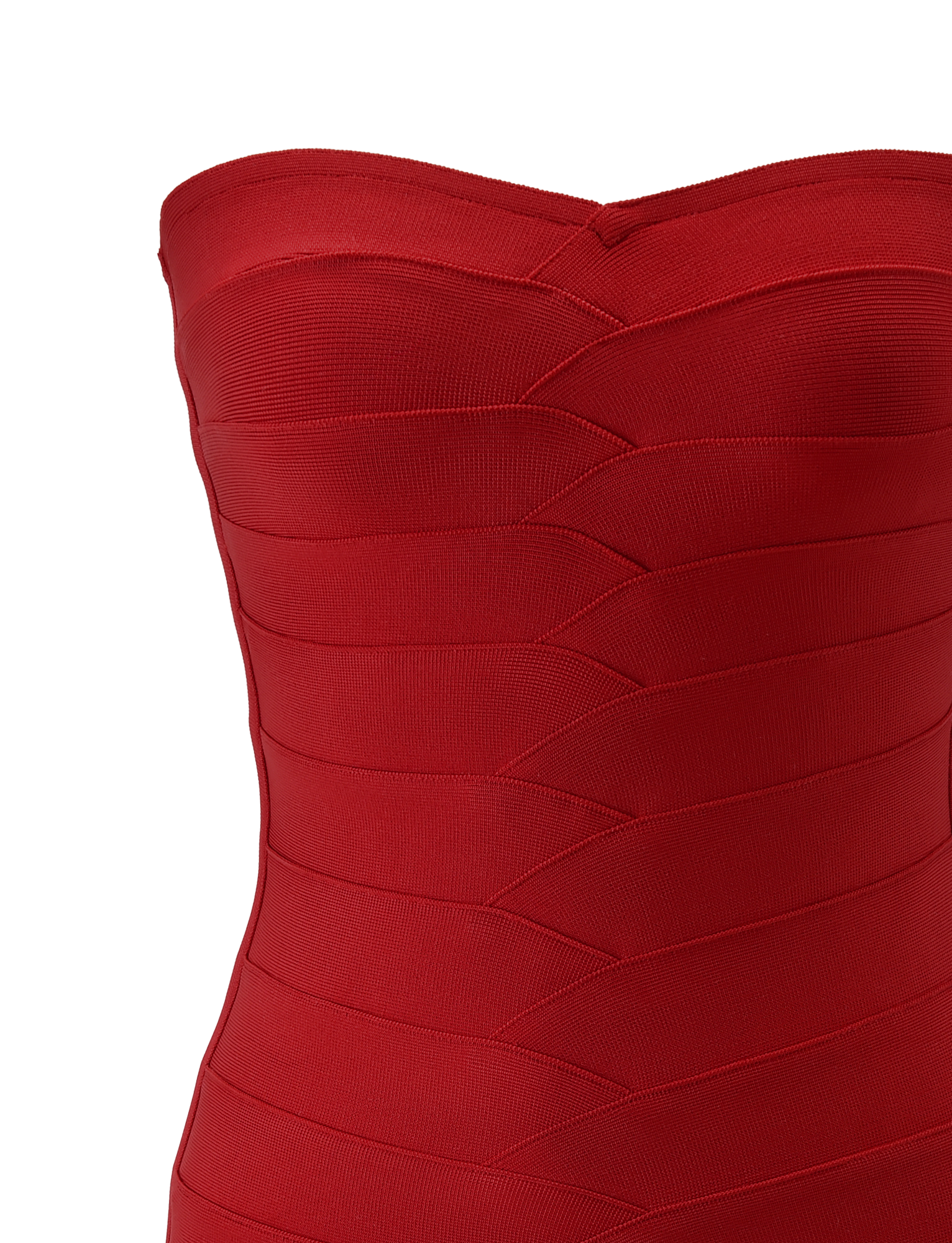 A close-up of the TIGERMIST NIYA BANDAGE DRESS in red, showcasing its strapless sweetheart neckline, geometric layered pattern, and structured bandage knit bodice against a plain white background.