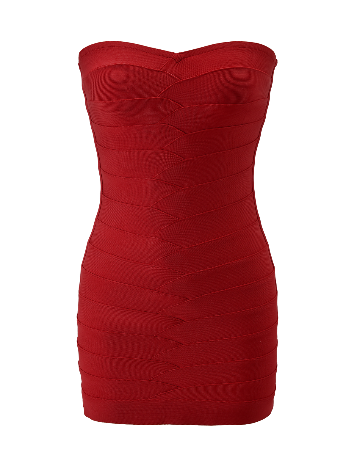 The TIGERMIST NIYA BANDAGE MINI DRESS in red features a strapless sweetheart neckline and a fitted bodycon silhouette, crafted from bandage knit fabric with horizontal panel detailing, displayed against a white background.