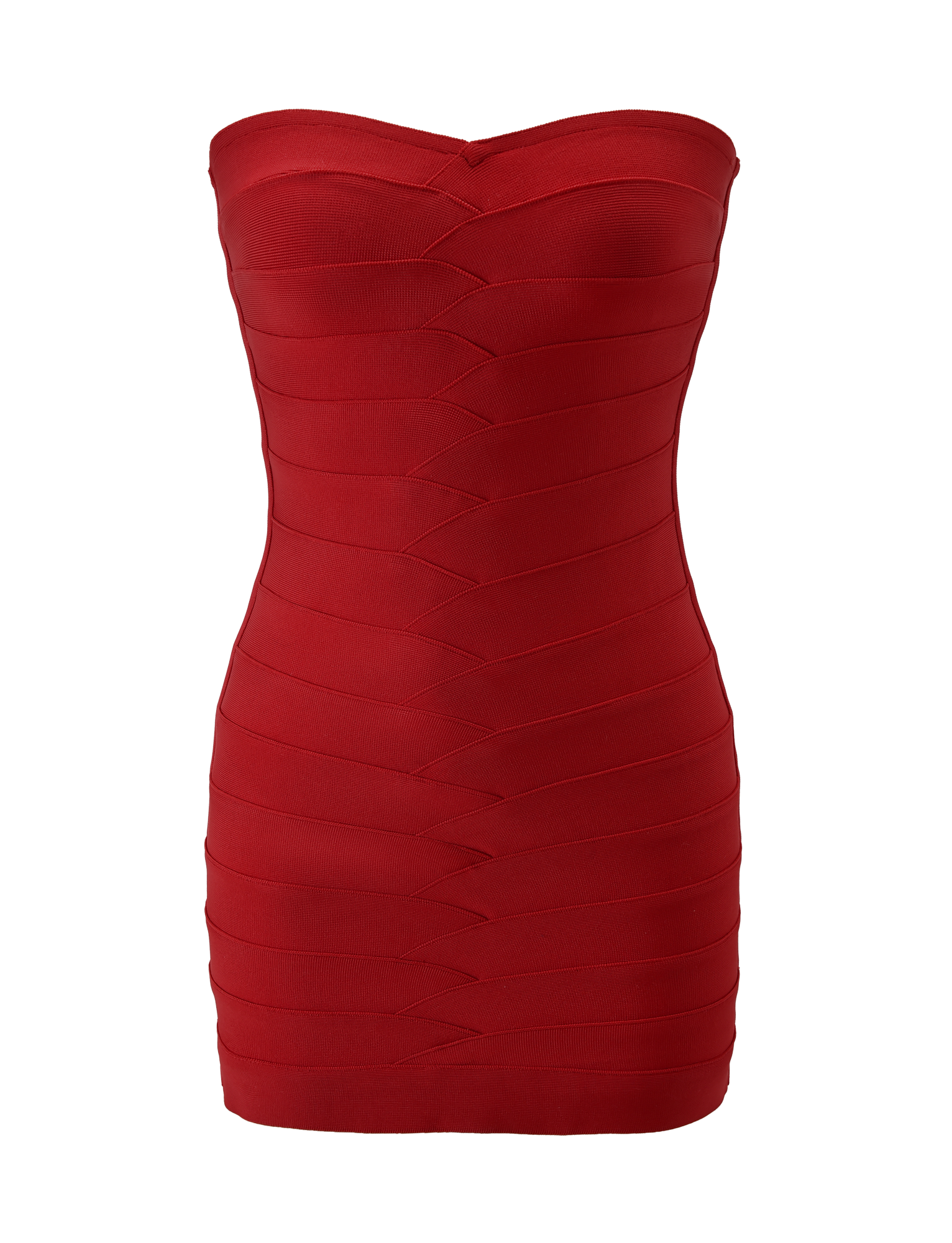 The TIGERMIST NIYA BANDAGE DRESS - RED features a strapless sweetheart neckline, form-fitting bandage knit fabric, and horizontal paneling, shown on a plain white background.