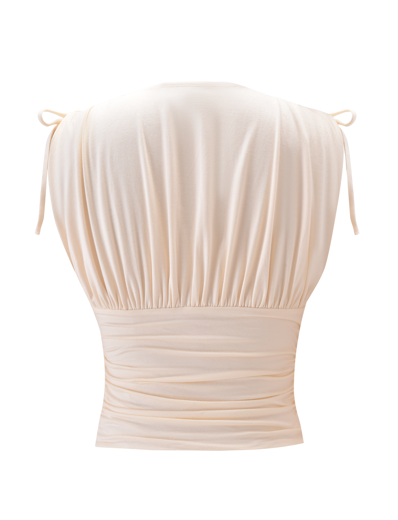 Back view of the TIGERMIST HALONA TOP in cream, featuring adjustable shoulder ties and gathered details at the shoulders and waist, with a fitted, ruched waistband for a flattering silhouette.