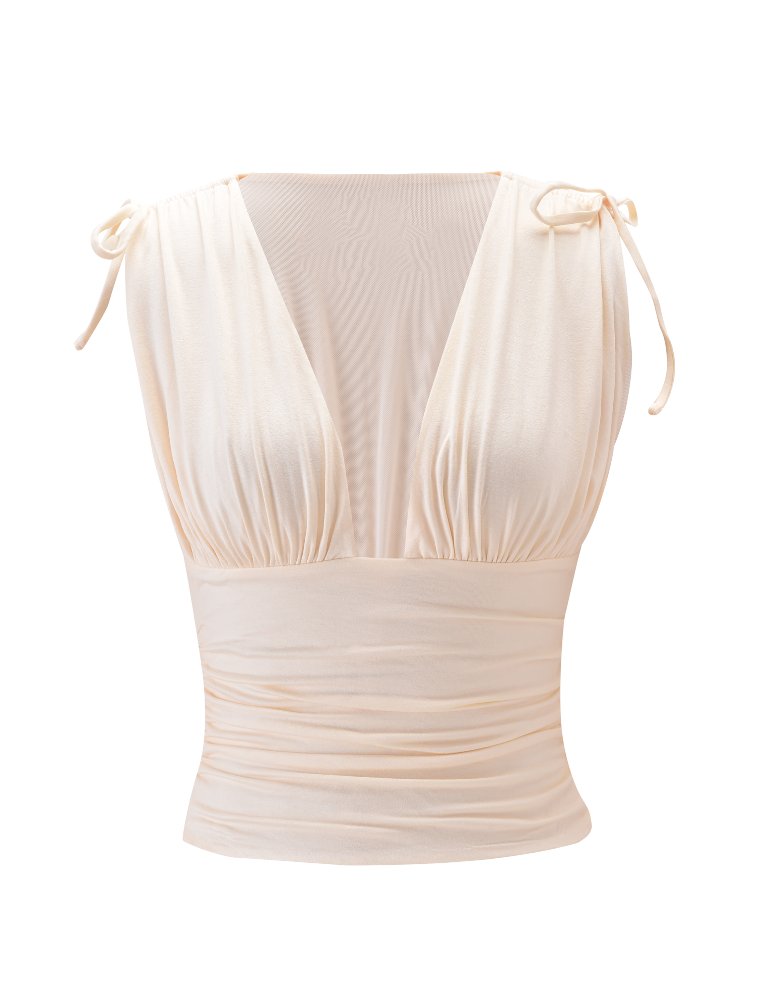 The HALONA TOP - CREAM by TIGERMIST is a sleeveless top with a plunging ruched bodice, deep V-neckline, adjustable shoulder ties, and a fitted gathered waist in soft, slightly shiny fabric. Shown on a plain white background.