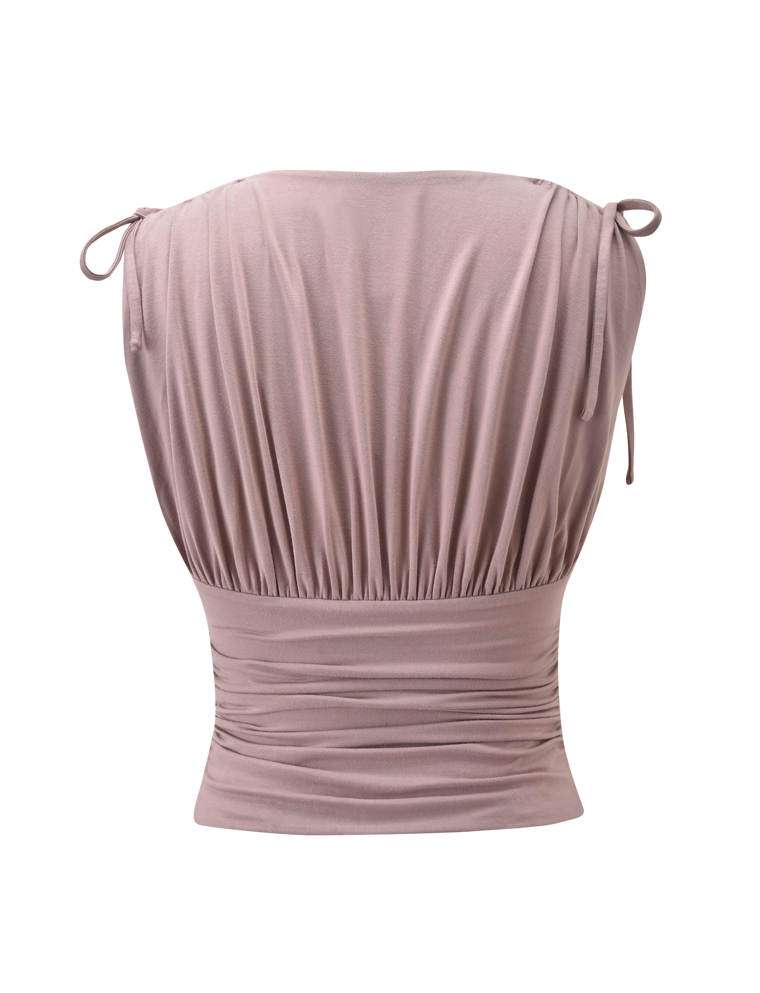 The HALONA TOP - MOCHA from TIGERMIST features a ruched bodice, gathered soft stretchy fabric, adjustable shoulder ties, a fitted waist, and a draped upper section.