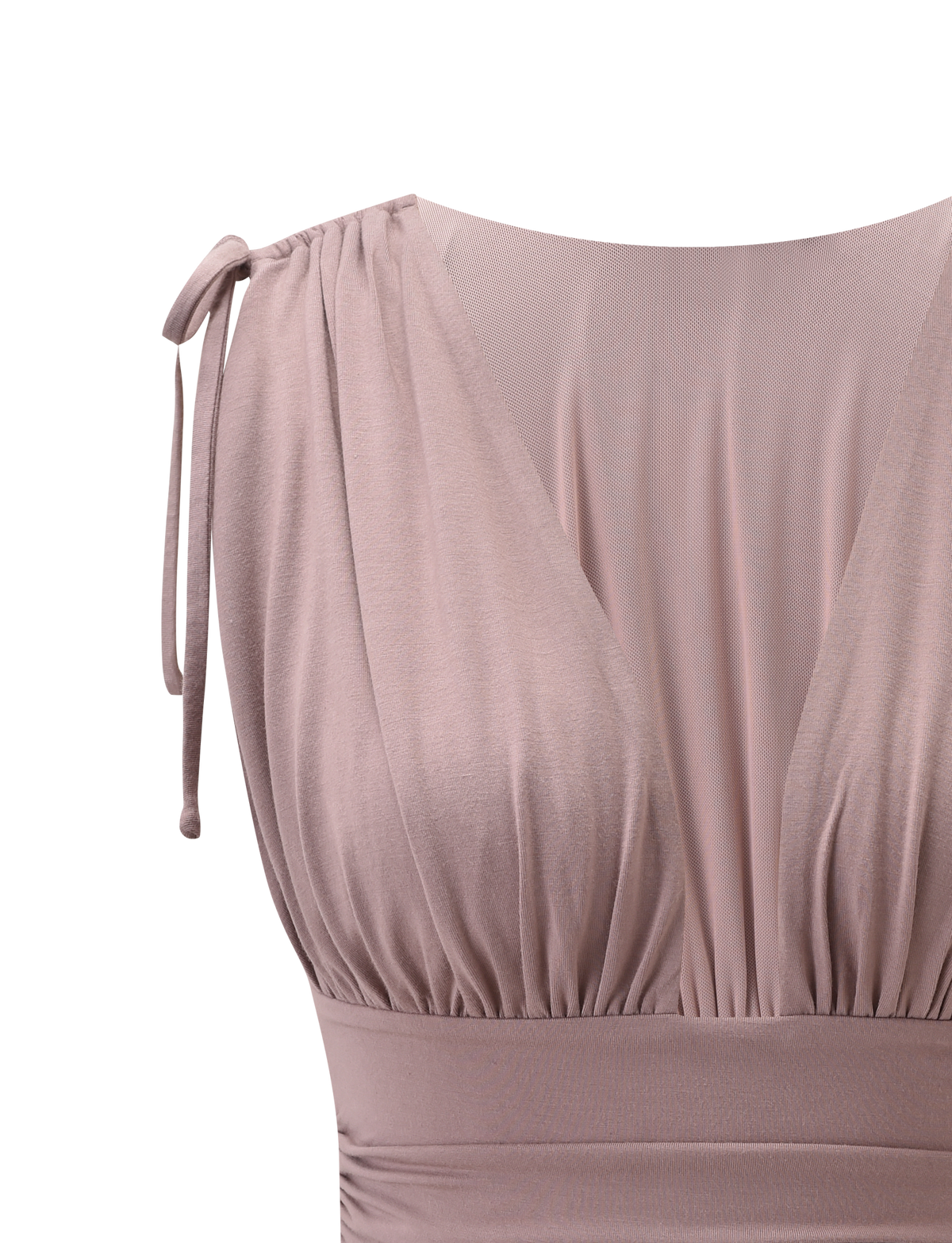 Close-up of the HALONA TOP - MOCHA by TIGERMIST, a sleeveless mocha top with a deep V-neckline, ruched bodice, adjustable shoulder ties, shoulder ruching, and a smooth fabric gathered at the waist for a flattering fit.