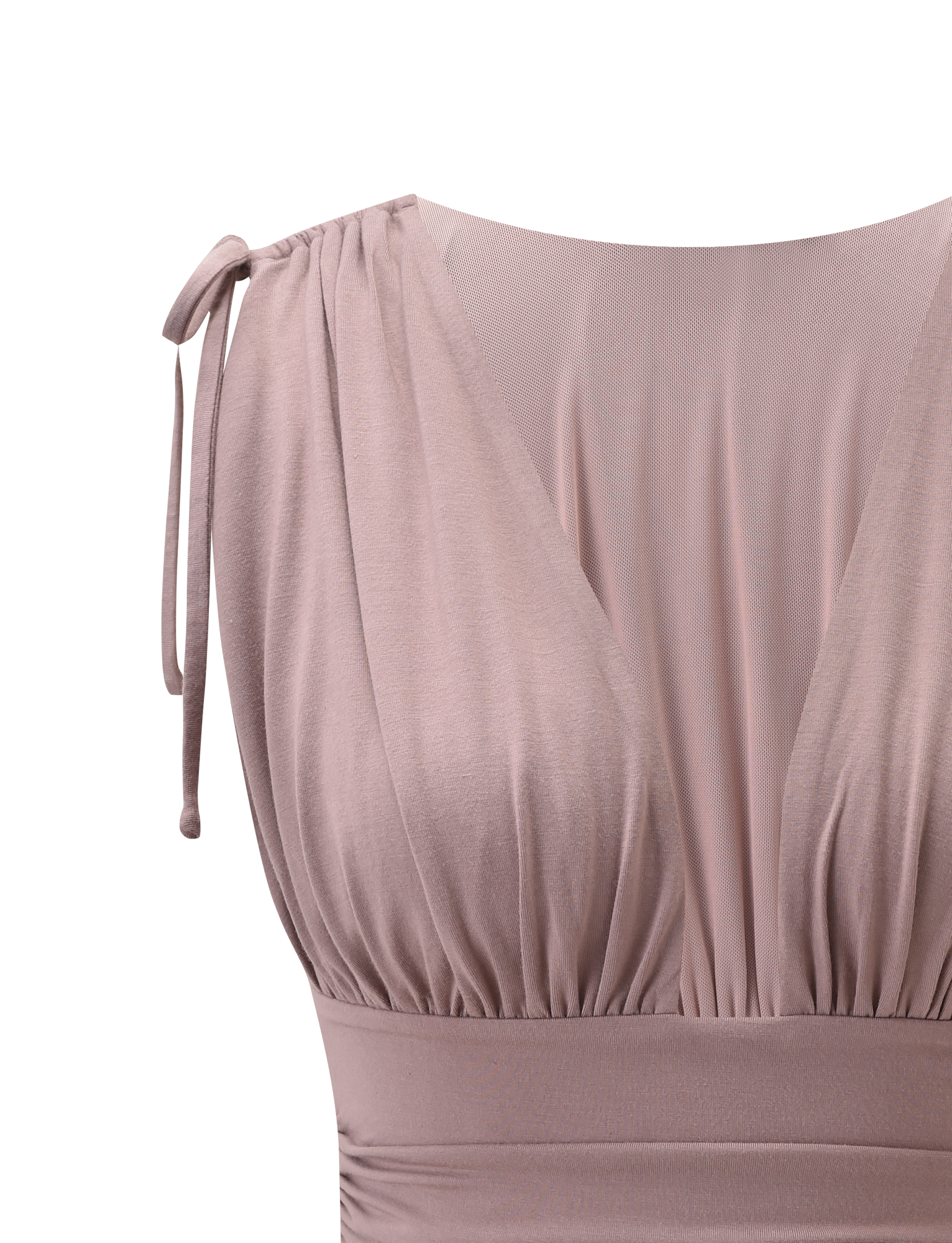 Close-up of the HALONA TOP - MOCHA by TIGERMIST, a sleeveless mocha top with a deep V-neckline, ruched bodice, adjustable shoulder ties, shoulder ruching, and a smooth fabric gathered at the waist for a flattering fit.