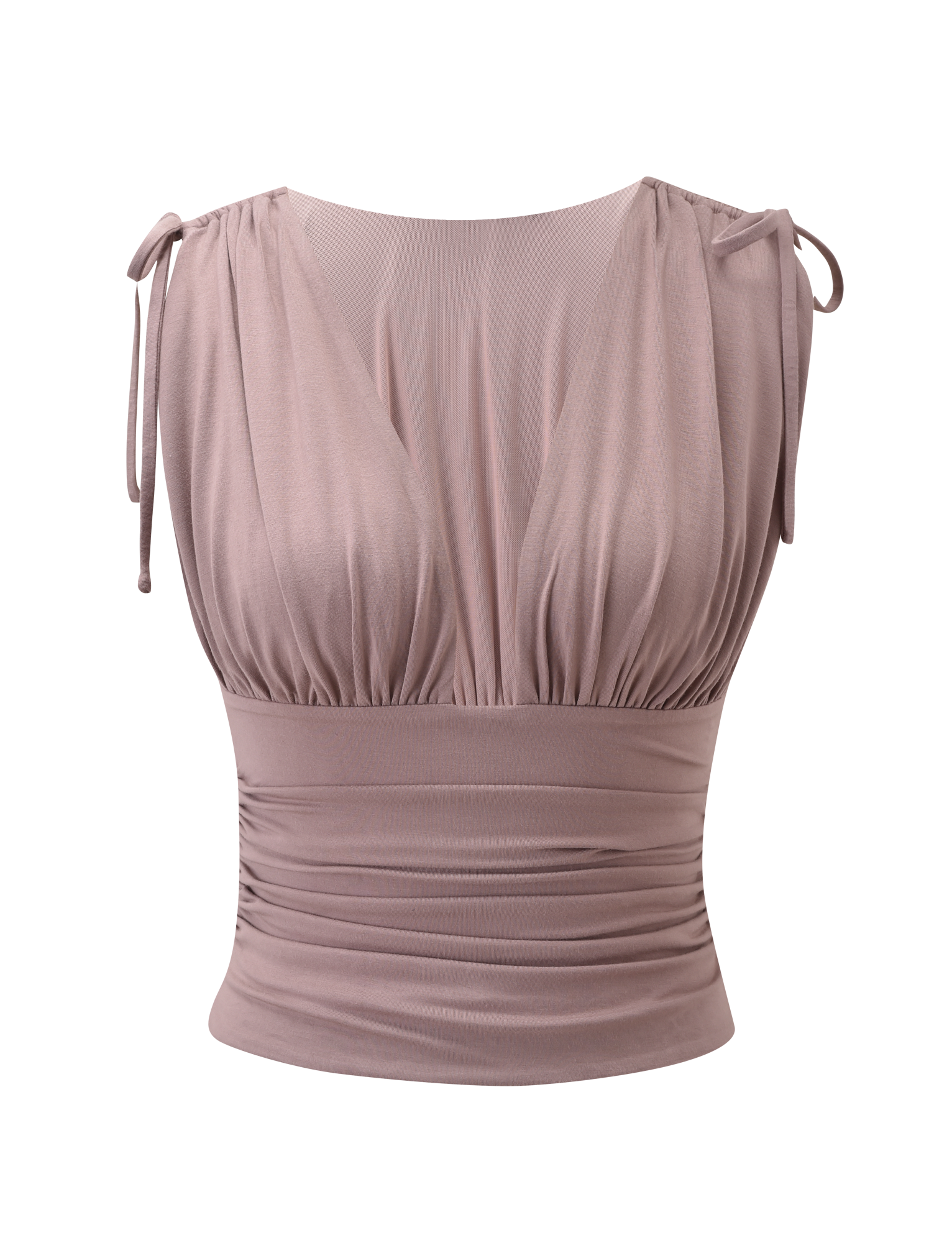 The HALONA TOP - MOCHA by TIGERMIST is a sleeveless top with a ruched bodice, deep V-neck, adjustable shoulder ties, fitted waist, and relaxed upper fit, shown on a plain white background.
