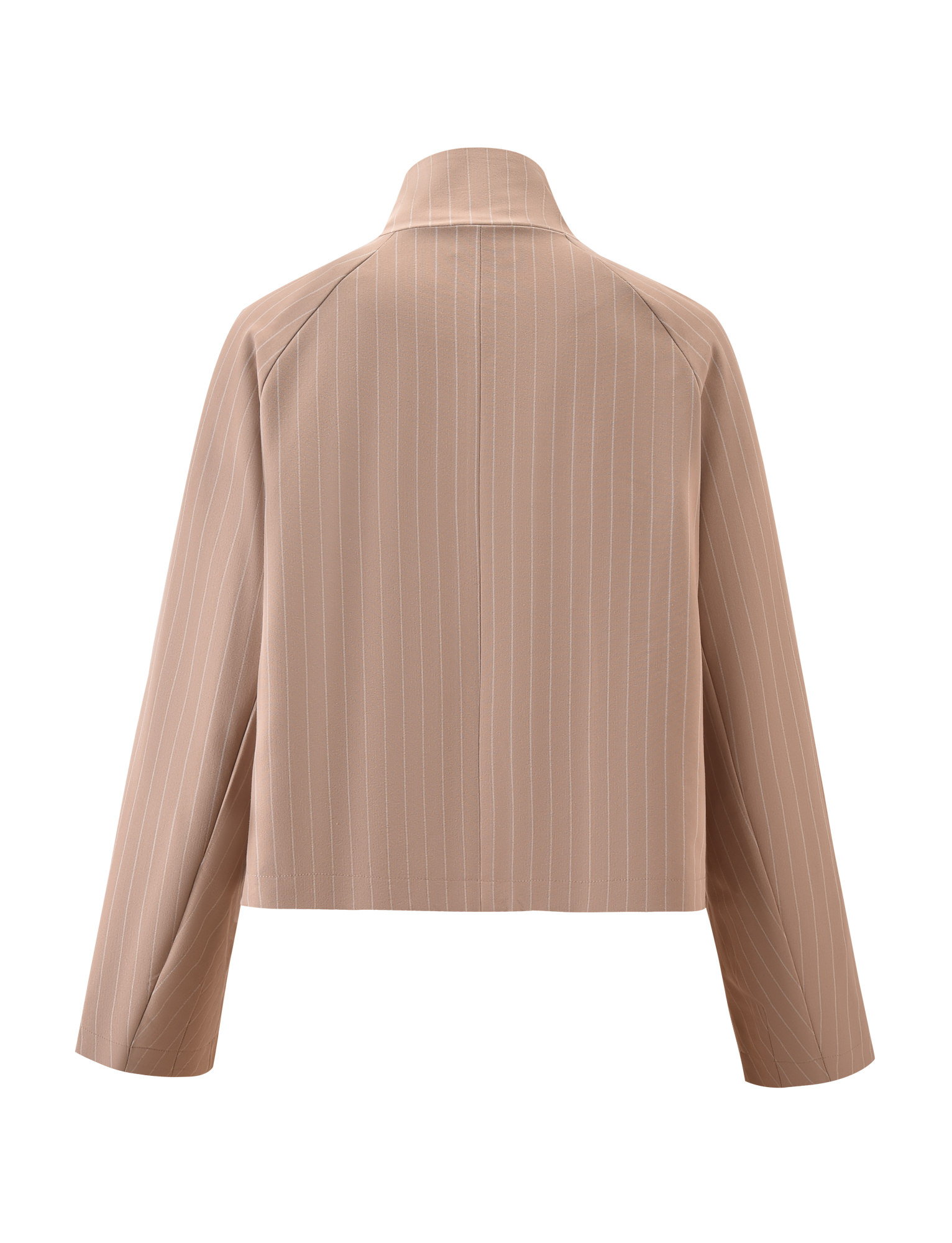 Back view of the TIGERMIST LENNEX JACKET - TAN PINSTRIPE, showcasing an oversized fit, mock neck collar, thin vertical white pinstripes, and a bungee drawstring hem against a plain white background.