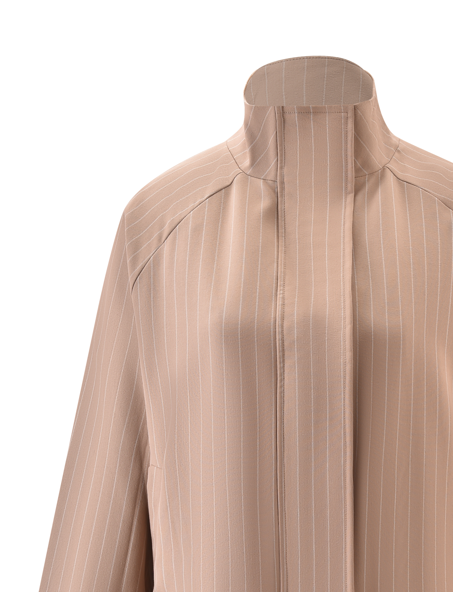 The LENNEX JACKET by TIGERMIST in tan pinstripe features a mock neck collar and hidden button placket, shown chest-up against a plain white background.