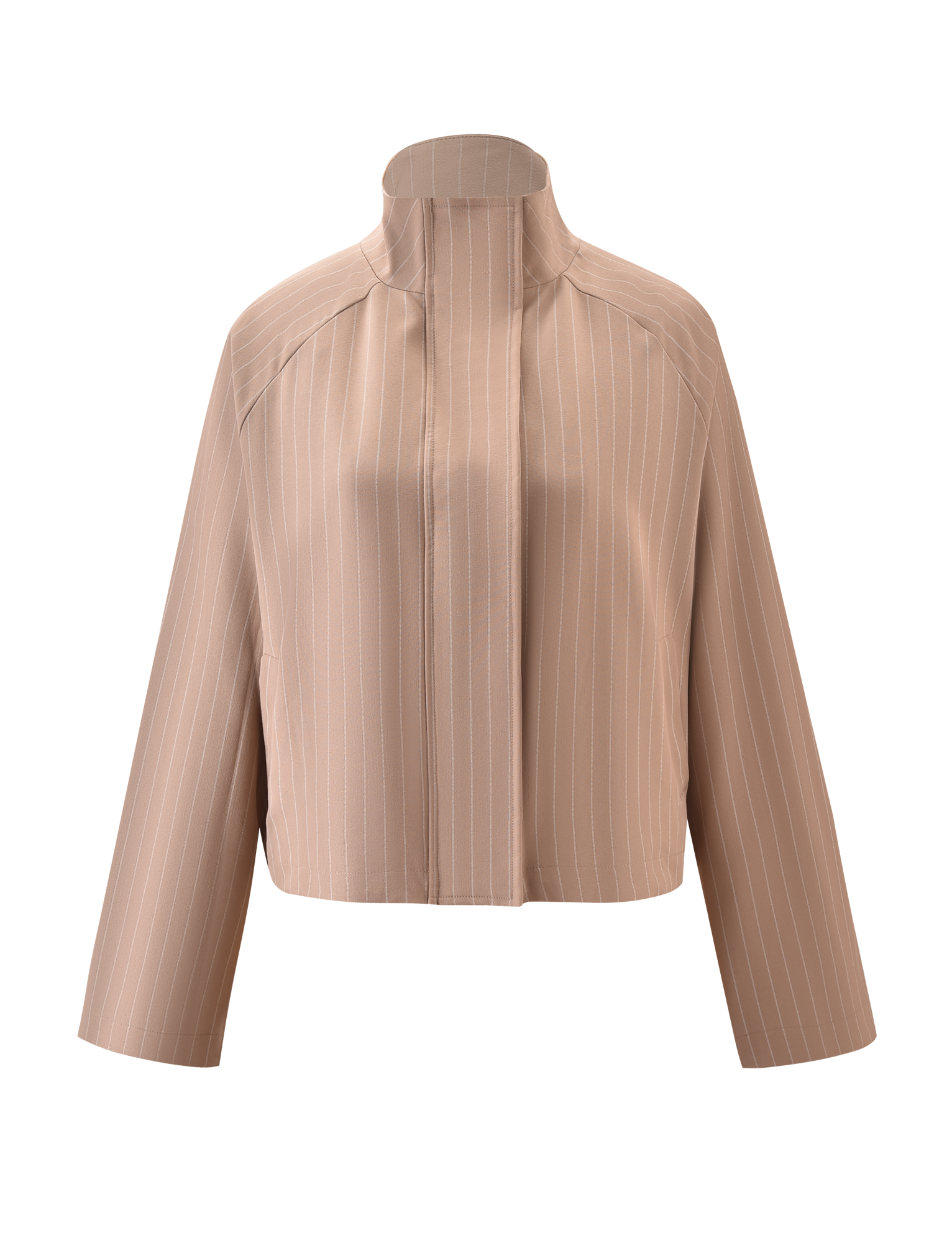 The TIGERMIST LENNEX JACKET - TAN PINSTRIPE is an oversized beige jacket with thin white stripes, long sleeves, a mock neck collar, and bungee drawstring hem, shown on a plain white background.