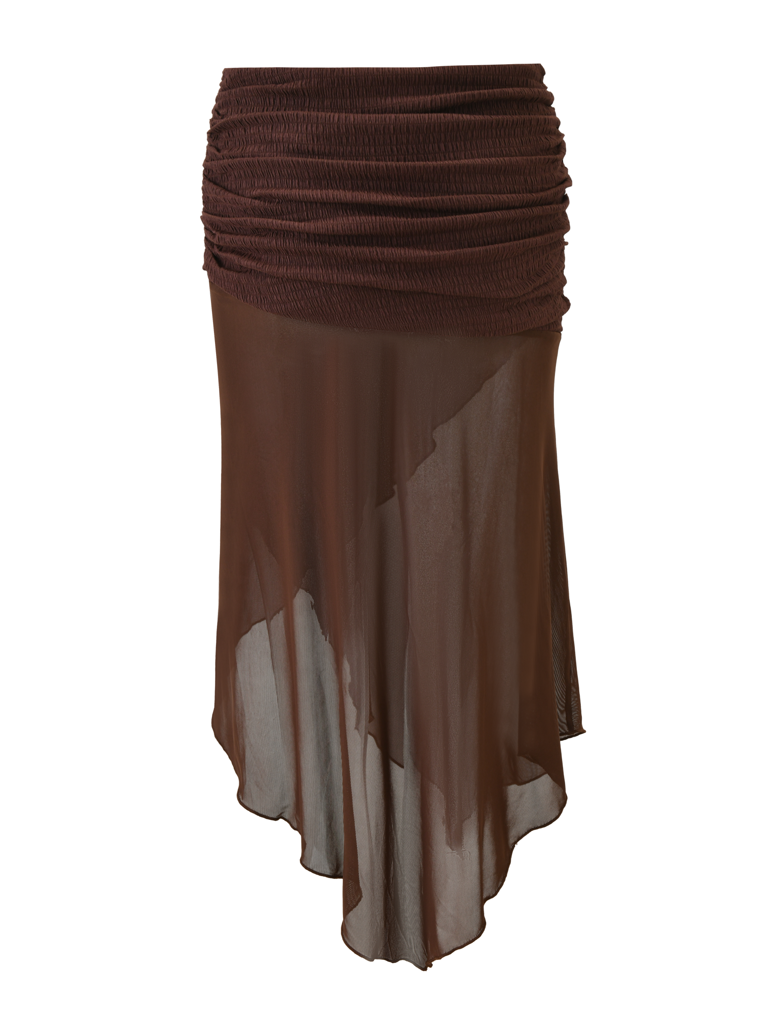 The TIGERMIST ZINNIA MIDI SKIRT in chocolate features a lightweight, semi-transparent fabric, a textured stretch knit waistband, and an asymmetrical hem for effortless style.