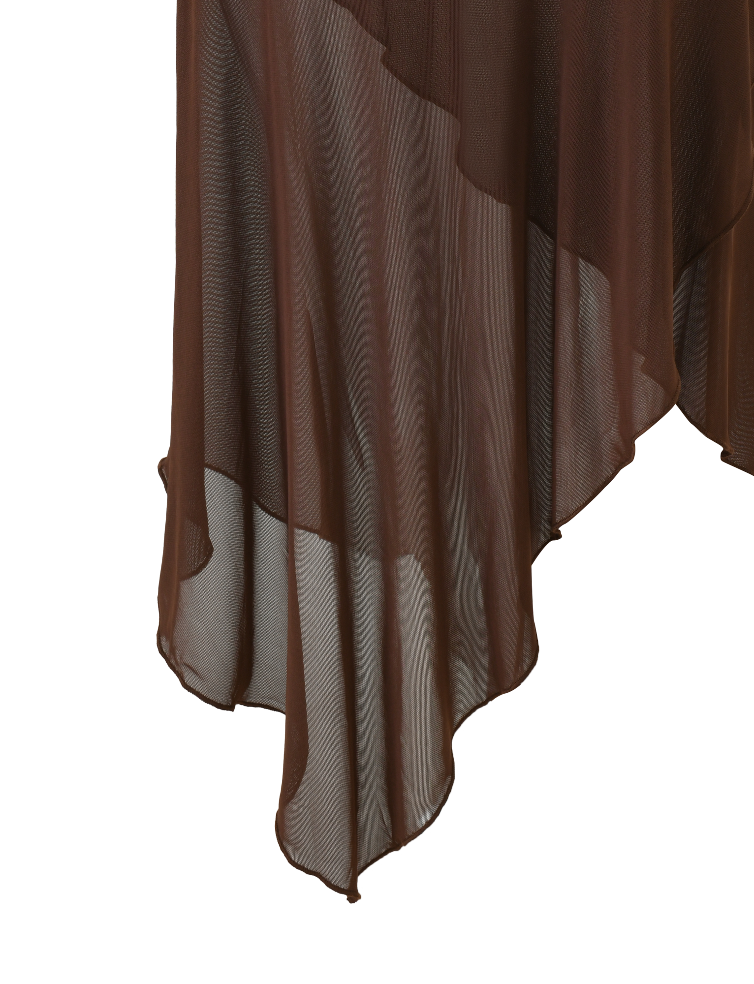 The ZINNIA MIDI SKIRT by TIGERMIST in chocolate features sheer, layered fabric, an asymmetrical flowing hem, and a textured stretch knit waistband, shown against a plain white background.