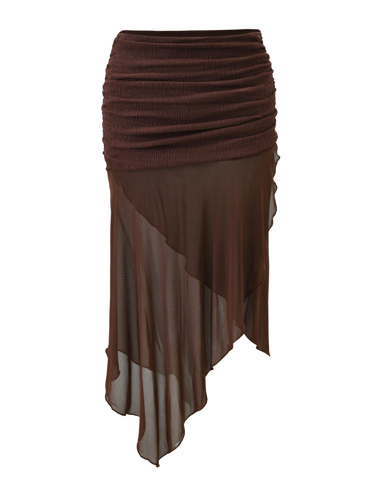 The ZINNIA MIDI SKIRT - CHOCOLATE by TIGERMIST is a chocolate brown midi skirt with a textured stretch knit waistband, lightweight flowy fabric, and a sheer asymmetrical hem with layered detailing at the top.