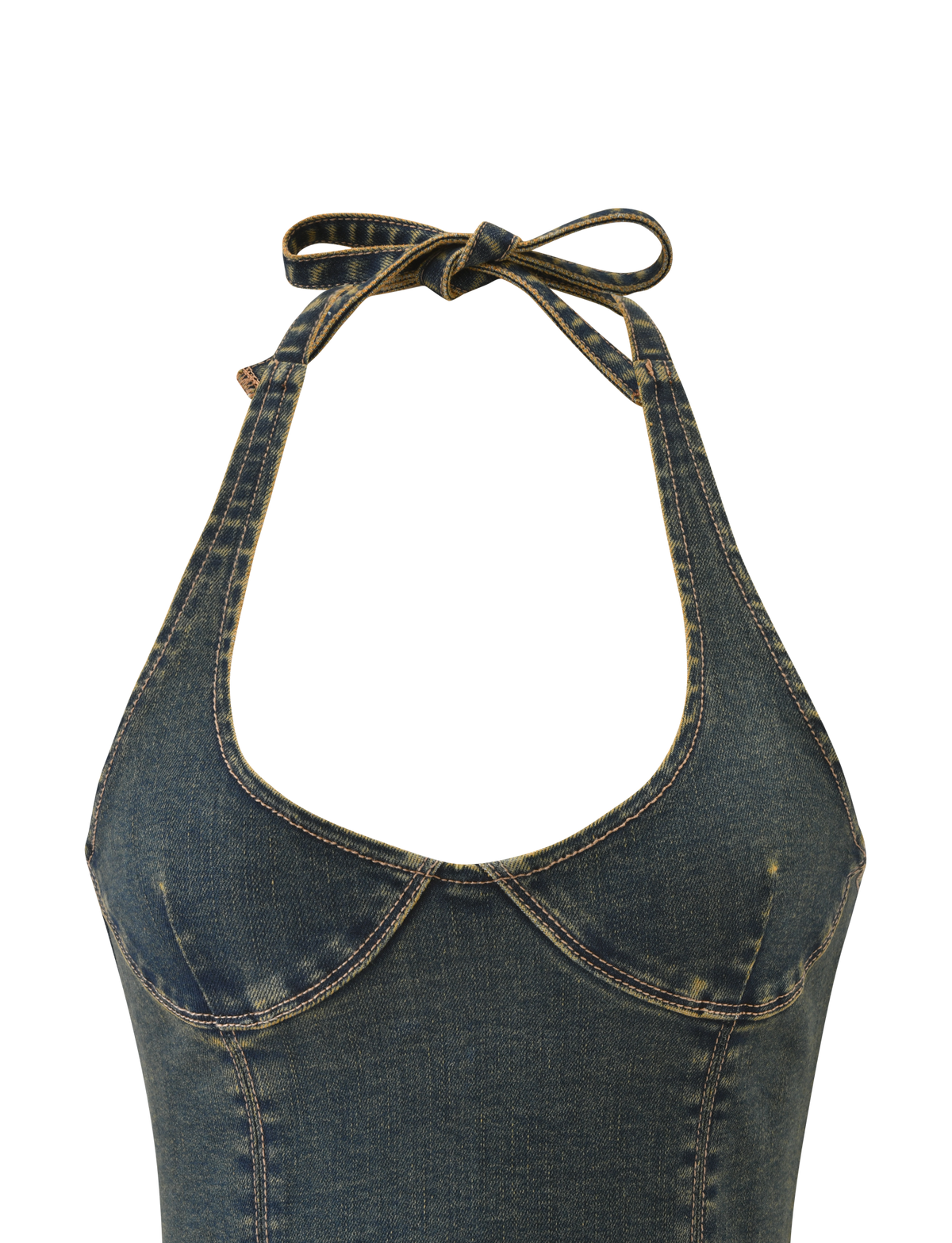 The TIGERMIST RIONA TOP - MIDWASH is a denim corset halter with visible seams, faded details, sweetheart neckline, halter neck tie closure, and lace-up back for added style.