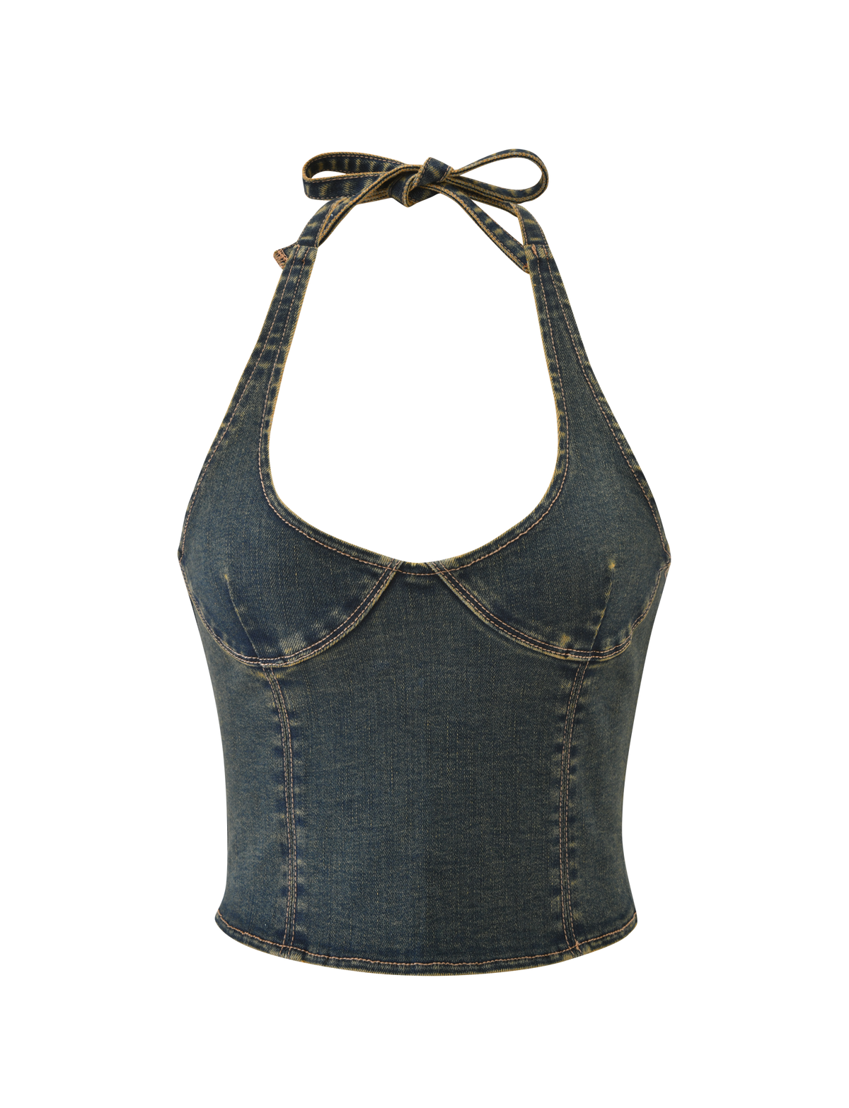 The RIONA TOP - MIDWASH by TIGERMIST is a denim corset halter with a sweetheart neckline, structured seams, neck tie strap, lace-up back, and slightly faded vintage-style fabric. Set against a plain white background.
