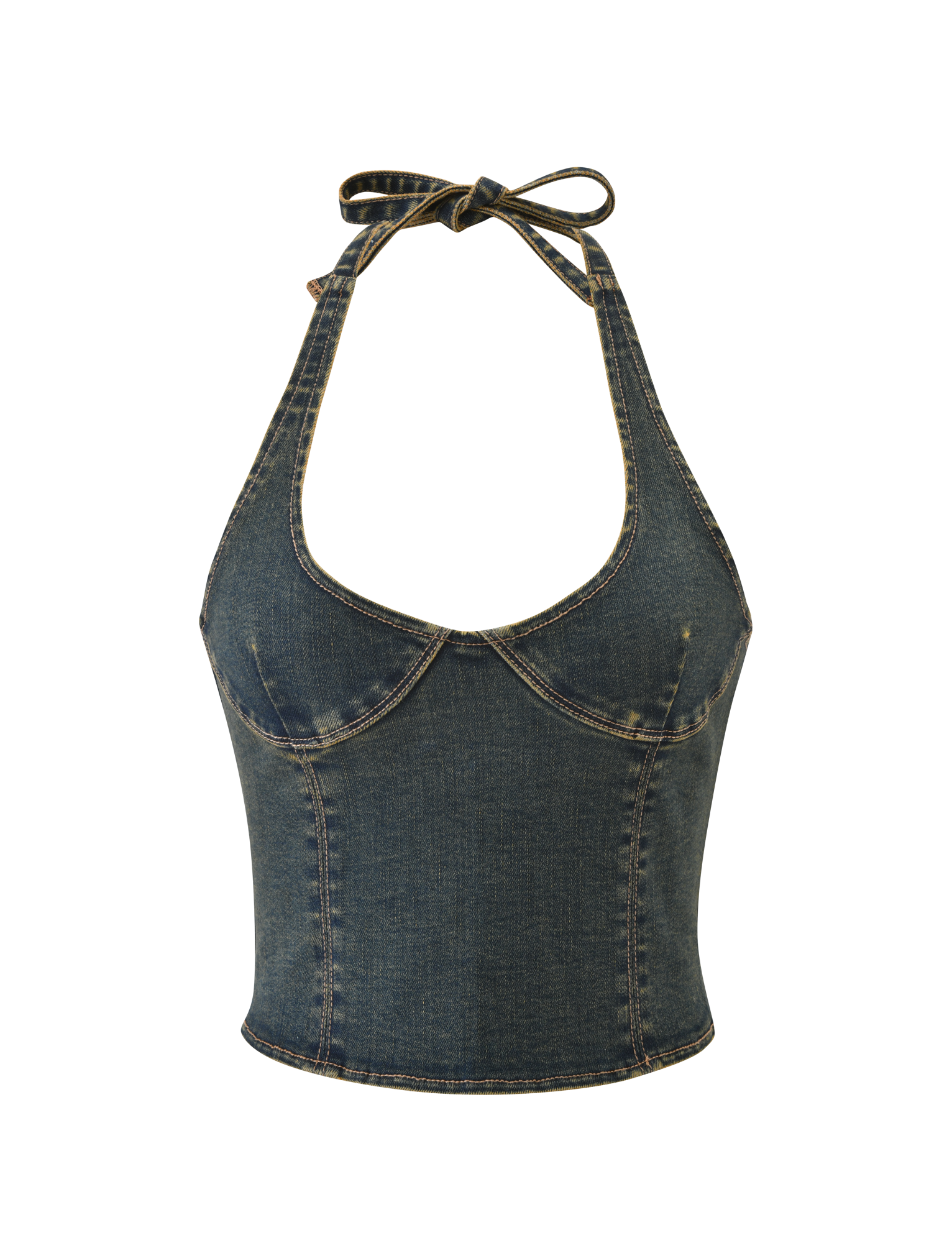 The RIONA TOP - MIDWASH by TIGERMIST is a denim corset halter with a sweetheart neckline, structured seams, neck tie strap, lace-up back, and slightly faded vintage-style fabric. Set against a plain white background.