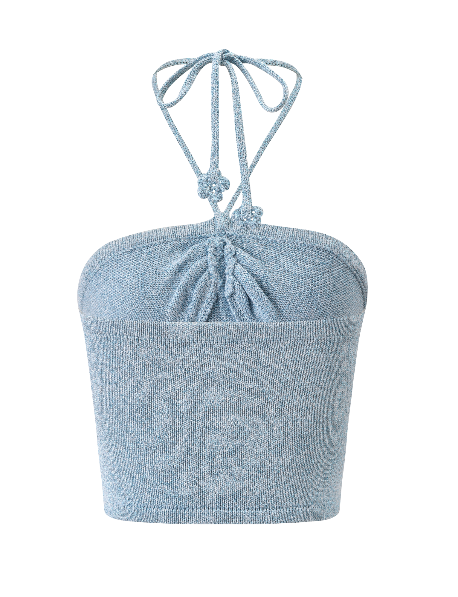 The SUNIA TOP - BLUE by TIGERMIST is a light blue, sleeveless knit halter with a ruched center, thin tie-neck straps, and delicate crocheted rose appliqué, shown on a plain white background.