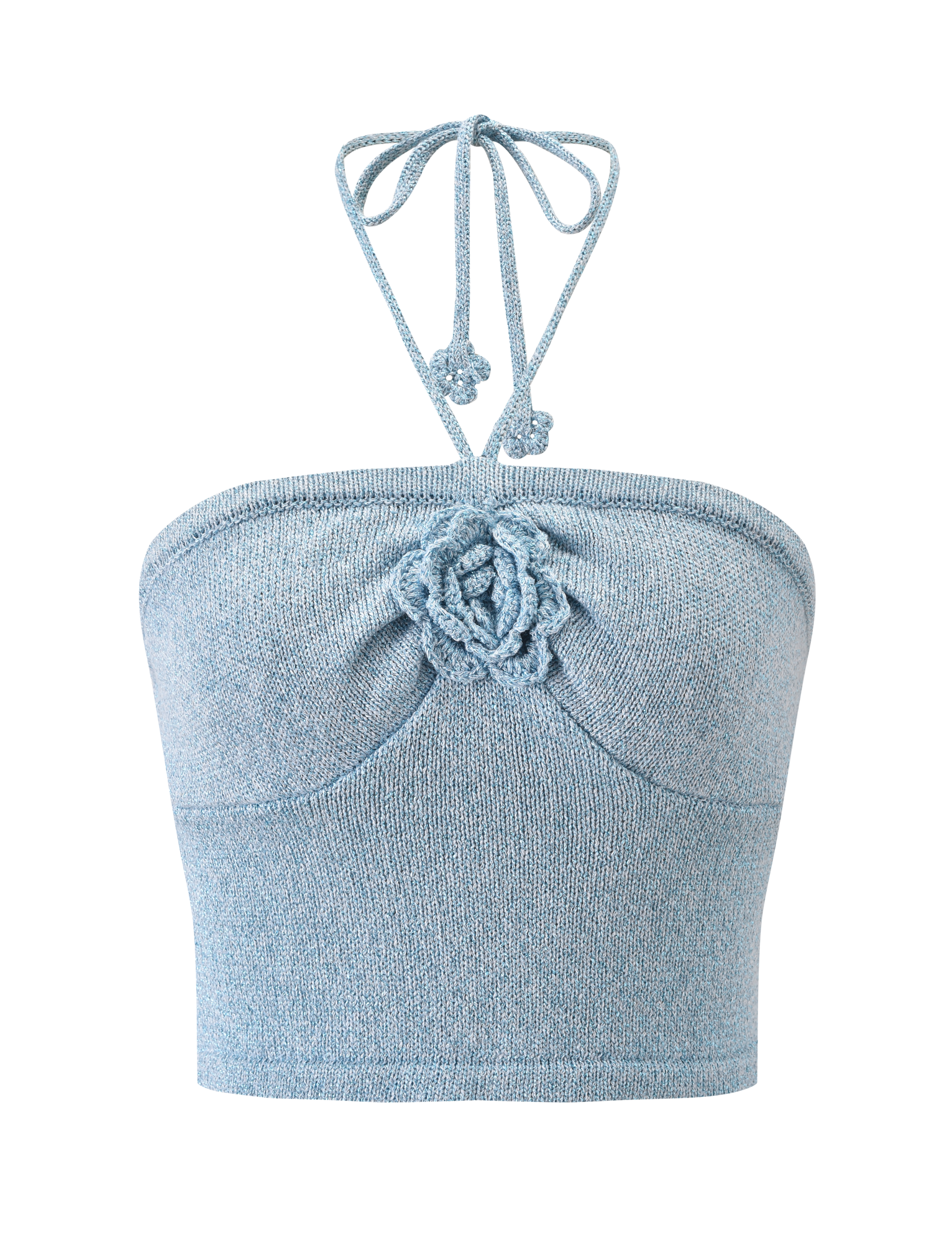 The SUNIA TOP - BLUE by TIGERMIST is a light blue textured knit bandeau with a halter neck tie and a central crocheted rose appliqué. Strapless at the shoulders, this fitted top combines playful charm with standout detail.