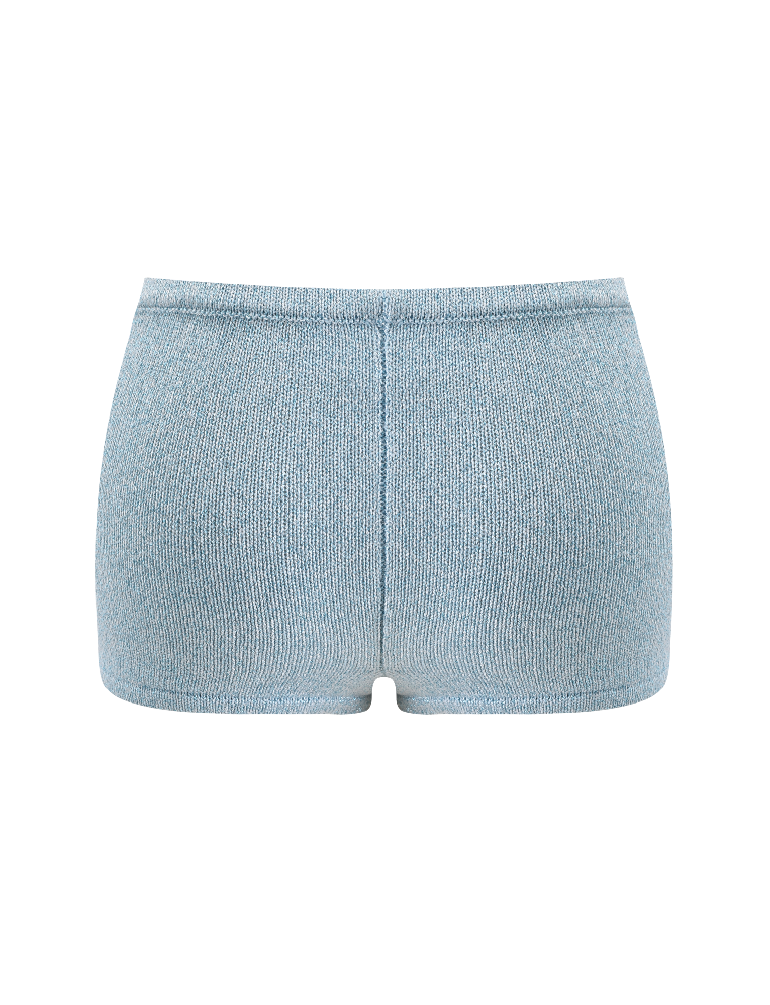 The SUNIA SHORT - BLUE by TIGERMIST is shown from the back, featuring a seamless waistband and soft, textured fabric in a light blue shade against a plain white background.