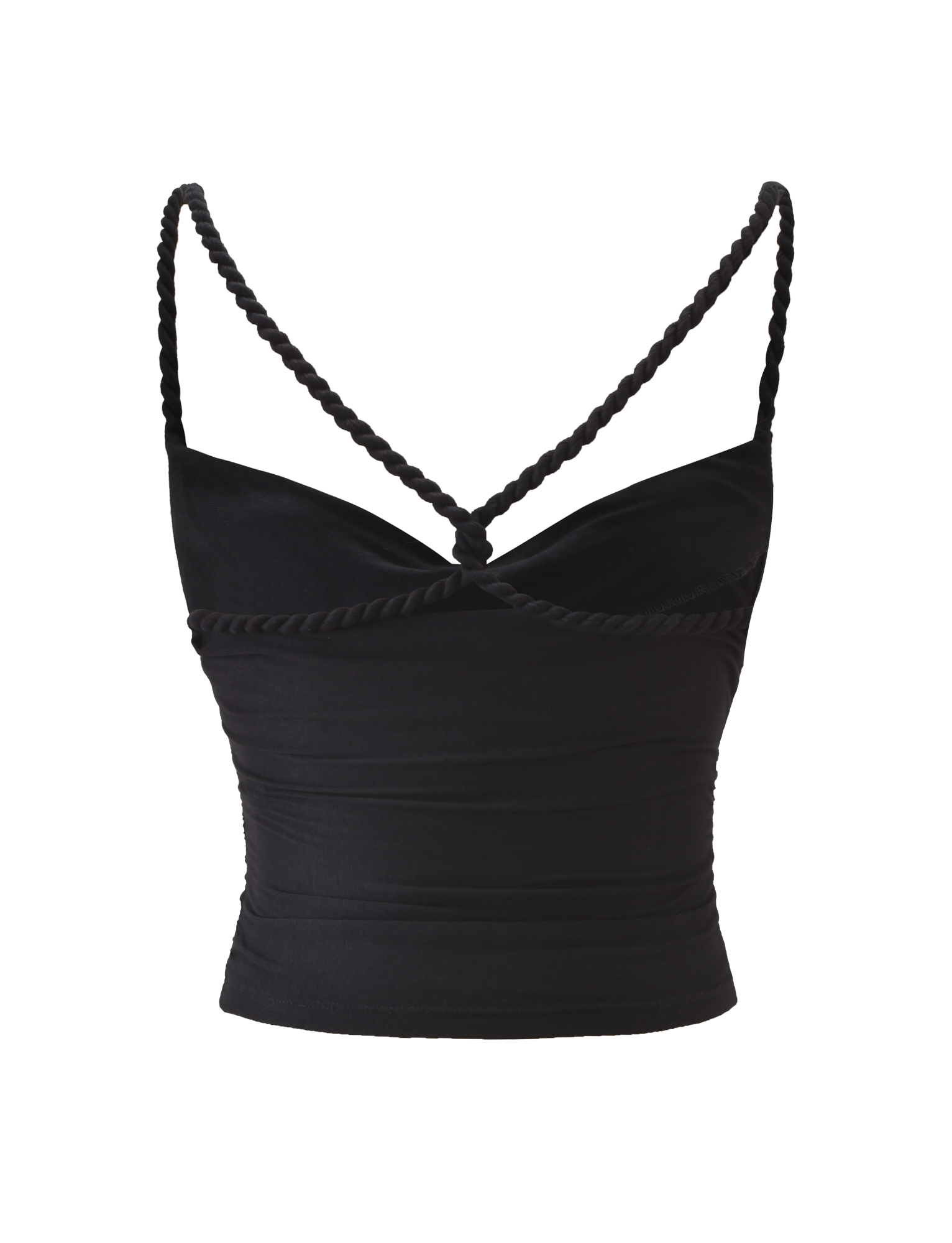 The LIOLA TOP - BLACK by TIGERMIST is a black sleeveless crop top with braided rope straps and a sweetheart neckline, shown against a plain white background.