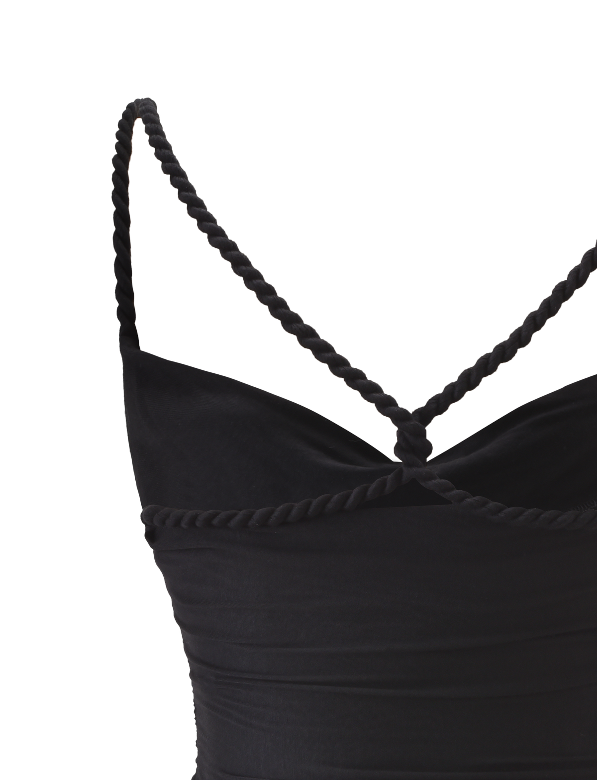 Close-up of the TIGERMIST LIOLA TOP - BLACK featuring braided rope straps that cross at the open back and wrap around the top edge. The smooth, fitted fabric stands out against a plain white background.