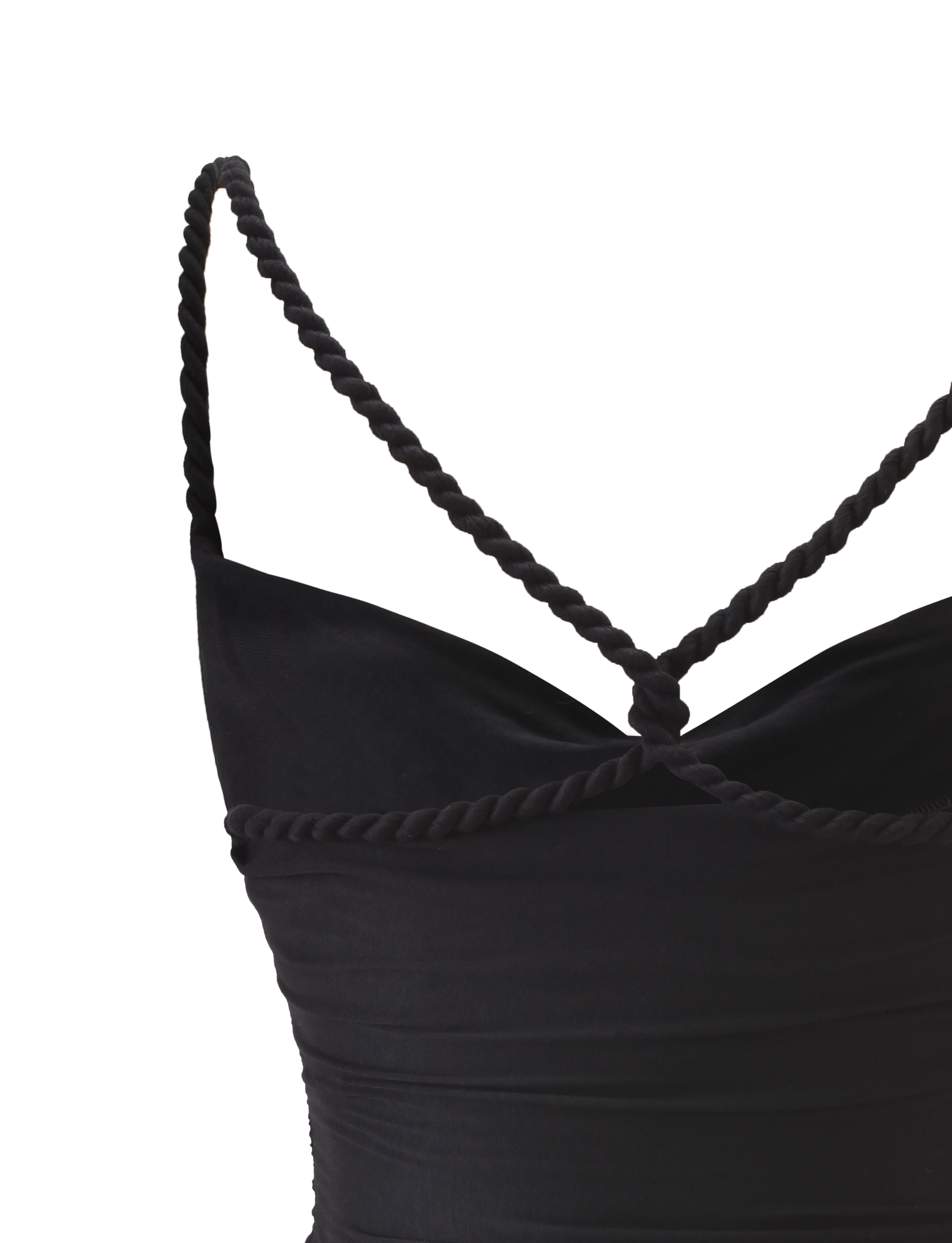 Close-up of the TIGERMIST LIOLA TOP - BLACK featuring braided rope straps that cross at the open back and wrap around the top edge. The smooth, fitted fabric stands out against a plain white background.