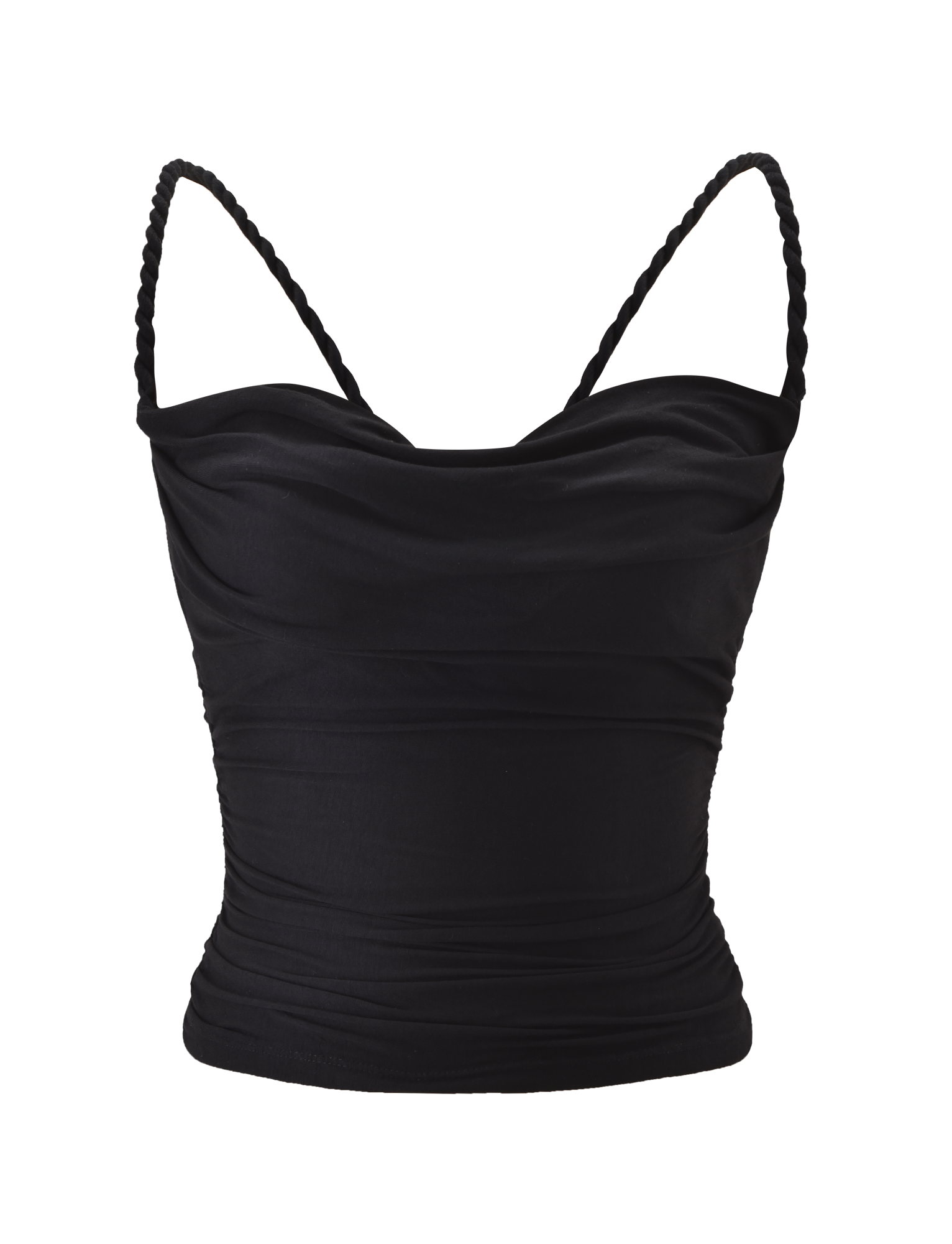 The TIGERMIST LIOLA TOP - BLACK is a sleeveless crop top with a chic cowl neckline, ruched detailing, and thin braided rope straps, shown against a plain white background.