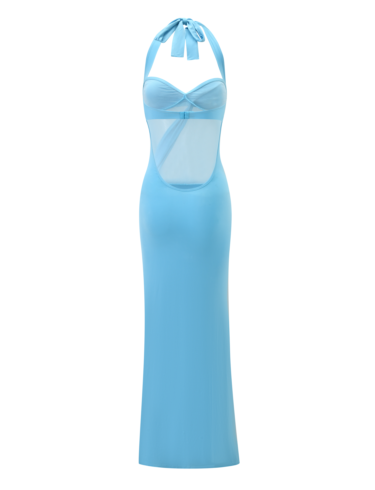 The DAPHNIA DRESS - AQUA by TIGERMIST is a sleeveless maxi dress featuring a halter-neck tied bow, sheer mesh midsection cut-outs, a fitted bodice with cutout detail, and a long straight skirt.