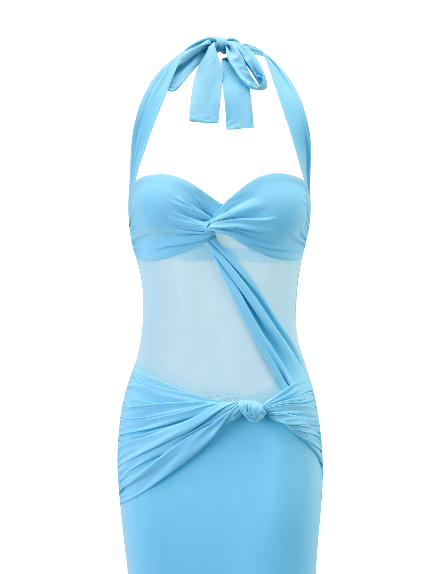 The DAPHNIA DRESS - AQUA by TIGERMIST is a sleeveless maxi dress with a sweetheart neckline, mesh cut-outs at the midsection, and knotted details at the bust and waist, shown in aqua blue against a plain white background.
