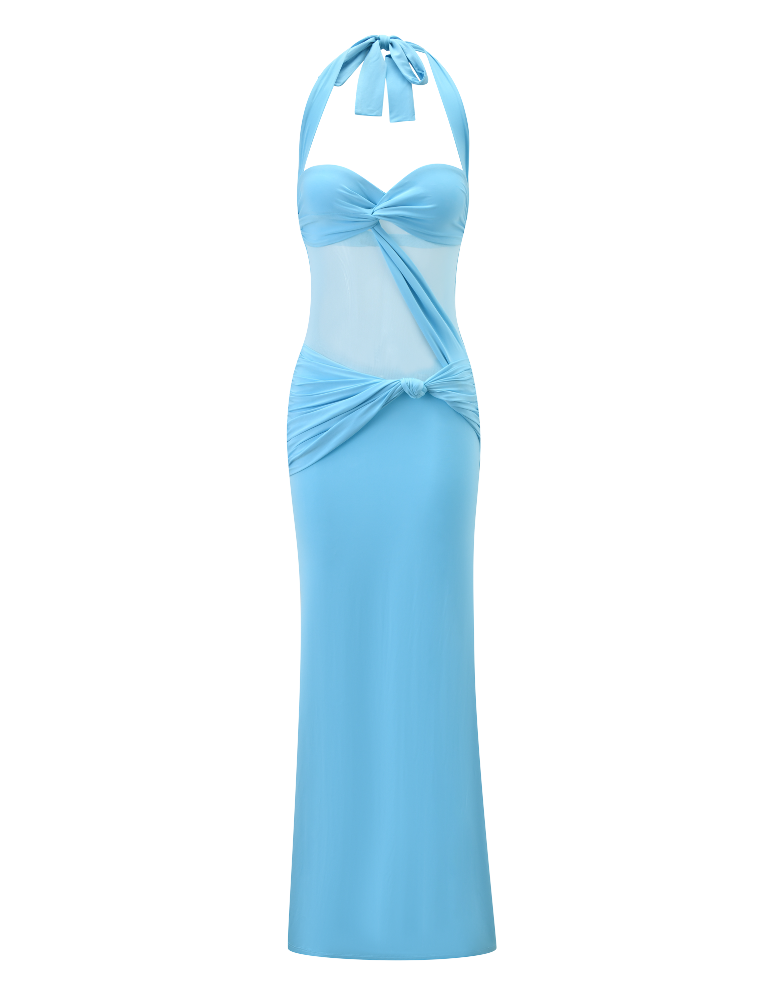 The DAPHNIA DRESS - AQUA by TIGERMIST is a maxi dress in aqua blue, featuring a front knot and modern sheer mesh cut-outs.