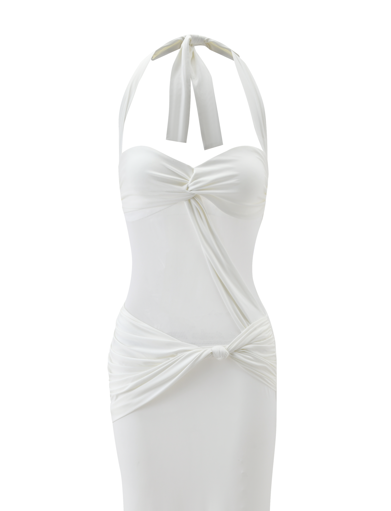 The DAPHNIA DRESS - IVORY by TIGERMIST is a white maxi dress with an adjustable halter neck, sweetheart neckline, twisted front detail, and a gathered waist with central knot, shown on a plain white background.