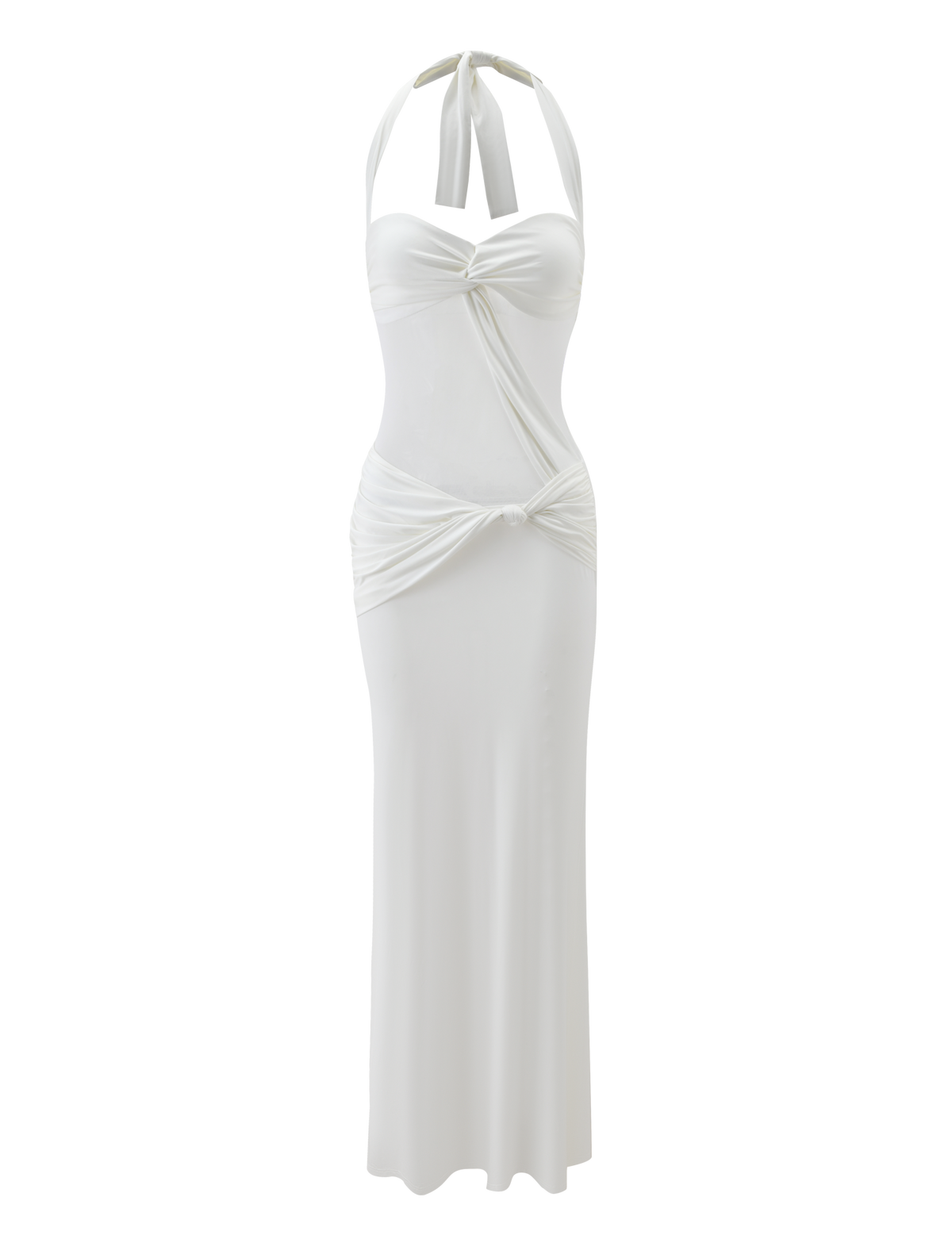 The DAPHNIA DRESS - IVORY by TIGERMIST is a white maxi featuring an adjustable halter neck, twist details at the bust and waist, sheer mesh cut-outs, a fitted silhouette, and gathered hips—shown on a plain white background.