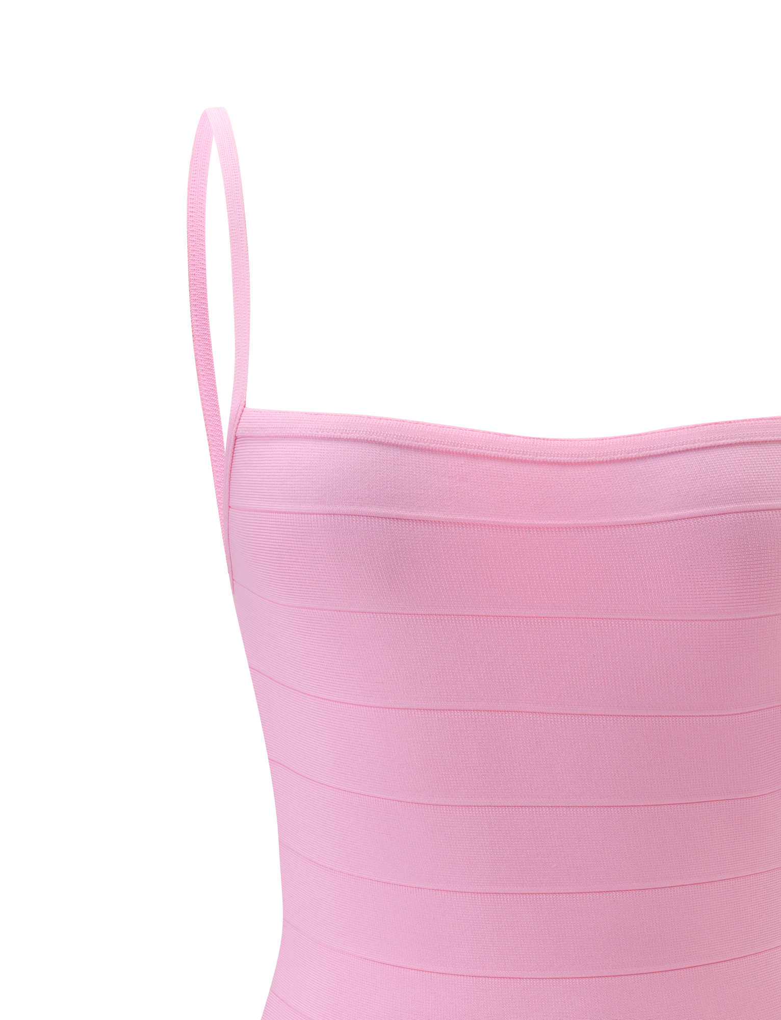 Close-up of the MIDORI MINI BANDAGE DRESS in baby pink by TIGERMIST, a sleeveless, fitted piece with narrow straps and horizontal seam details, showcased against a white background.