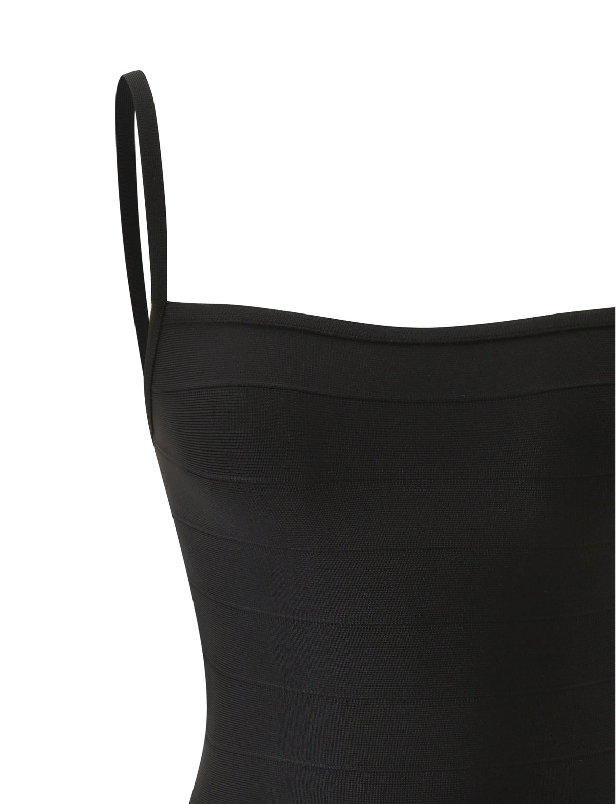Close-up of a black MIDORI BANDAGE MINI DRESS featuring horizontal panels and thin spaghetti straps.