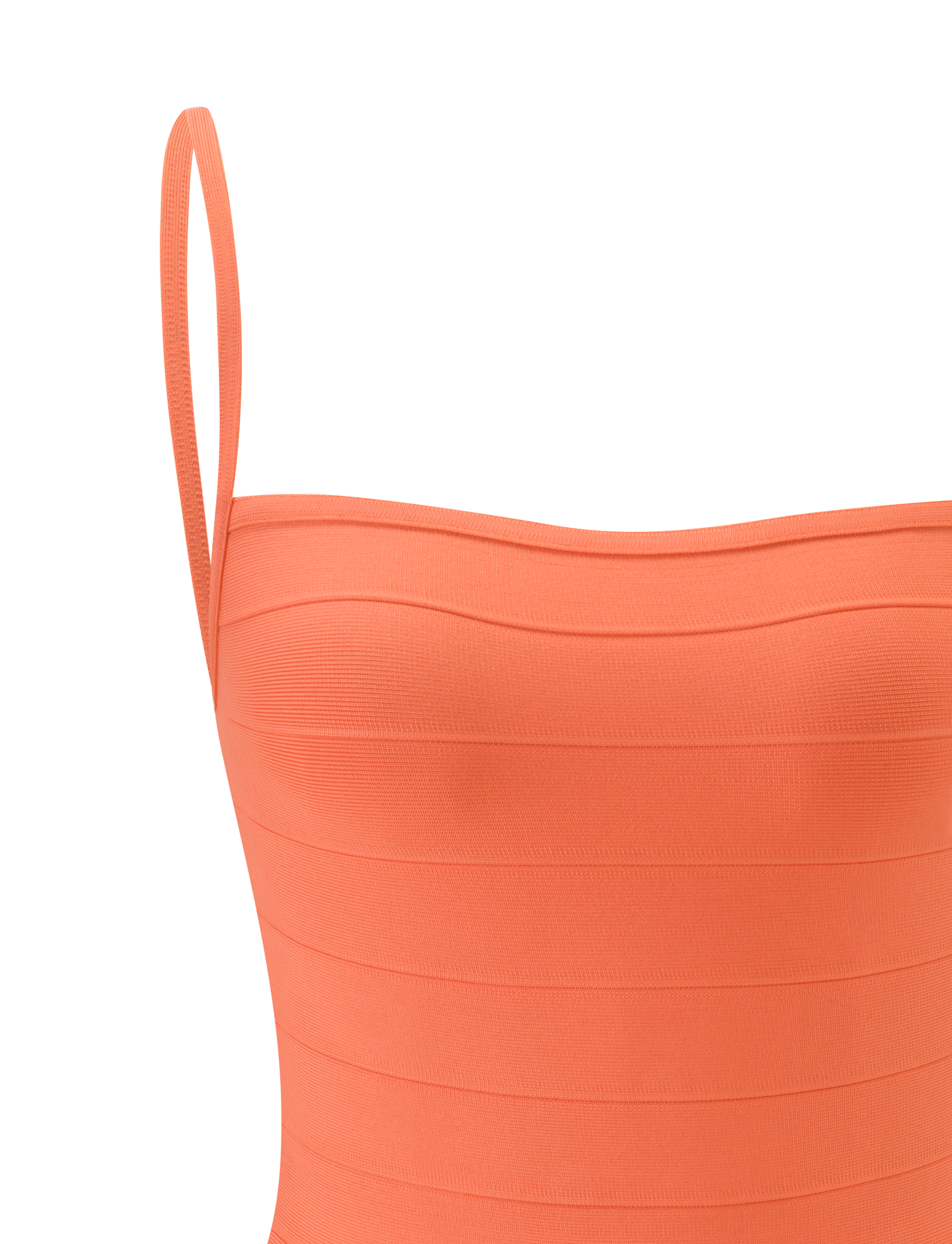 Close-up of the TIGERMIST MIDORI MINI BANDAGE DRESS in coral, featuring ribbed fabric and a single shoulder strap, shown against a plain white background.
