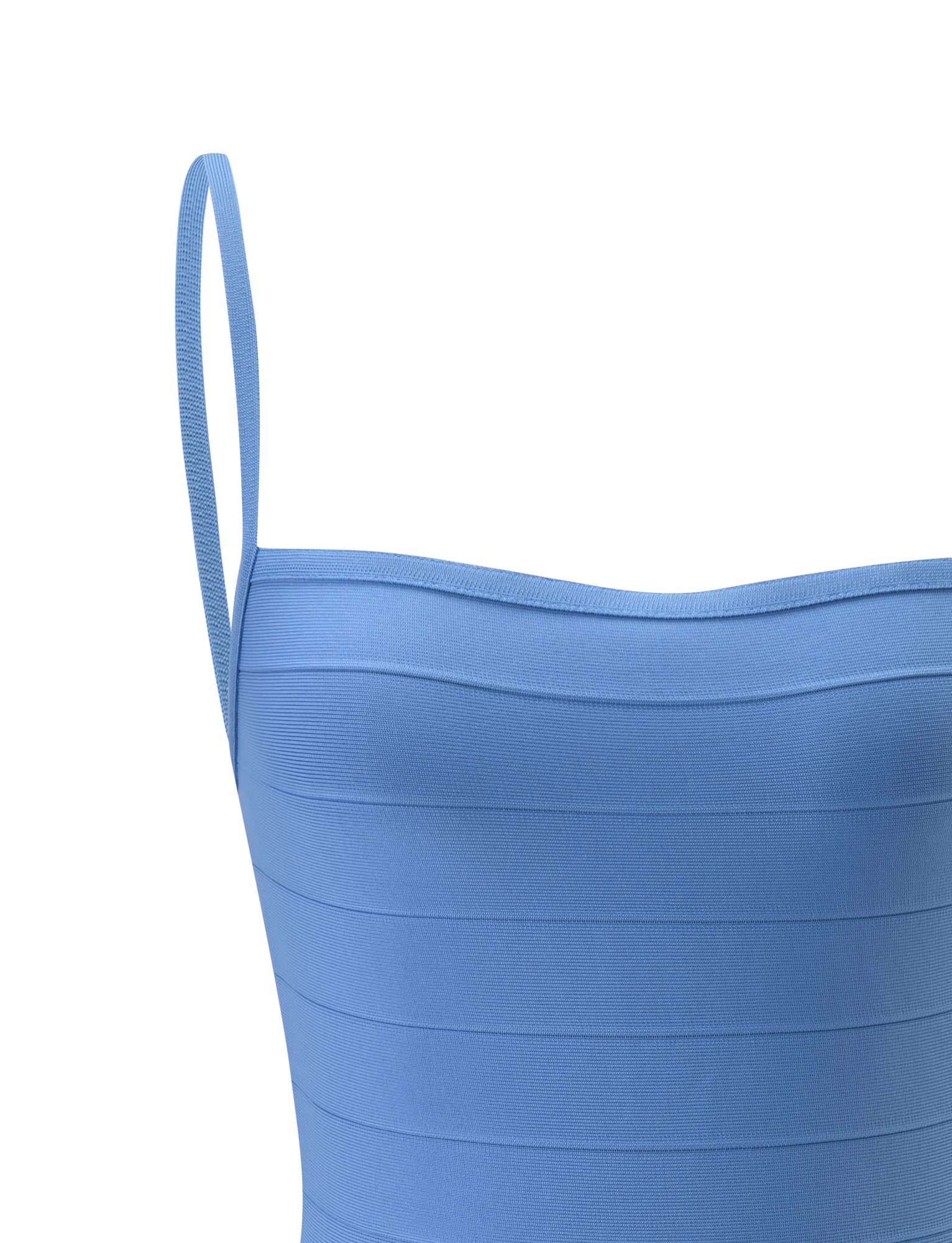 Close-up of the TIGERMIST MIDORI BANDAGE DRESS in blue, featuring thin shoulder straps and a waist-cinching design, photographed against a plain white background with only the upper chest and straps visible.