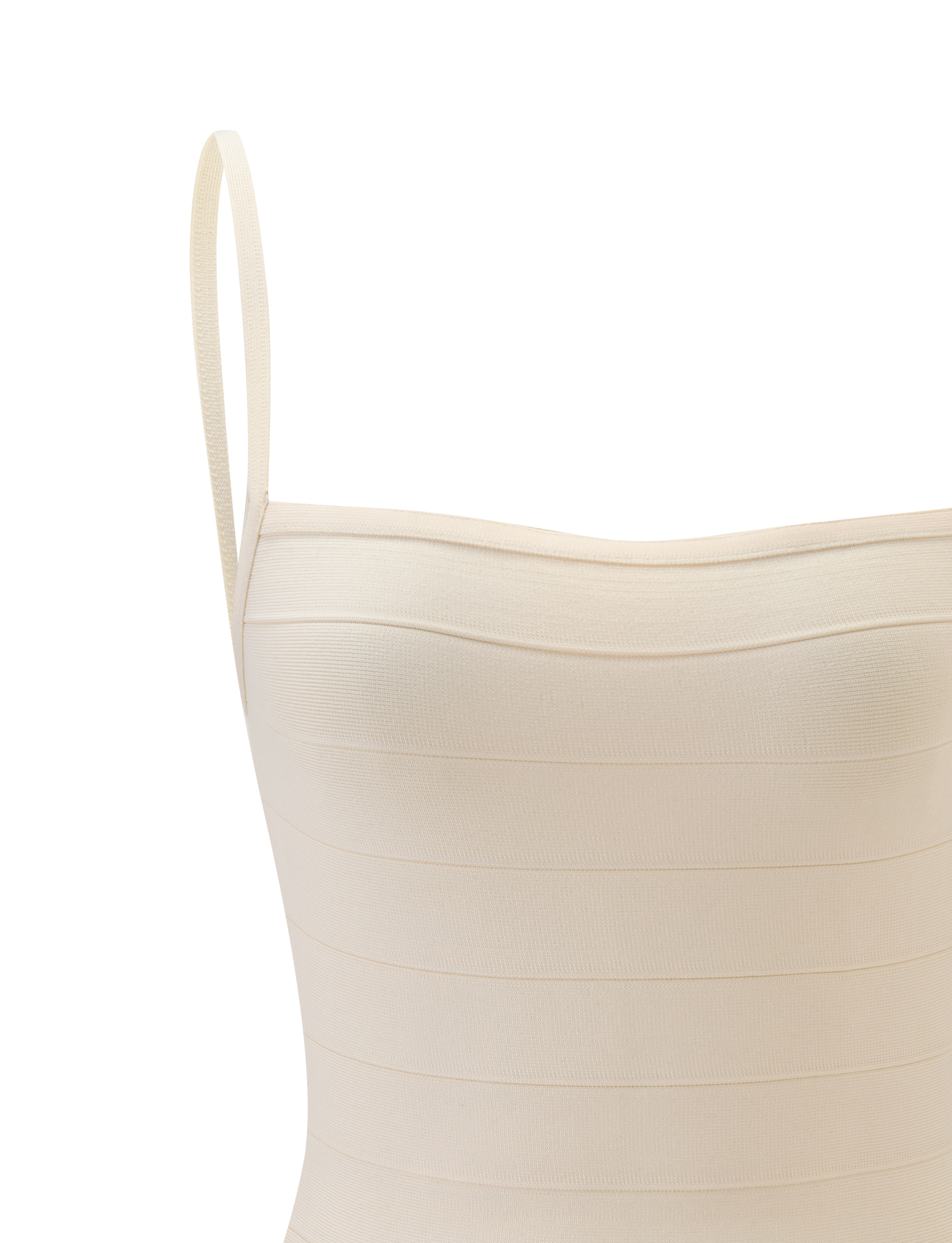 Close-up of the TIGERMIST MIDORI BANDAGE DRESS in cream, styled strapless or as a bodysuit, with horizontal ribbed details and a single thin left shoulder strap, set against a plain white background.