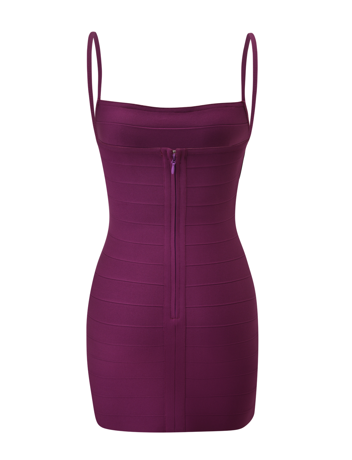The MIDORI BANDAGE MINI DRESS - PLUM by TIGERMIST is a sleeveless, fitted bodycon mini dress featuring thin spaghetti straps and a front zipper running vertically down the center—perfect for making a bold statement.