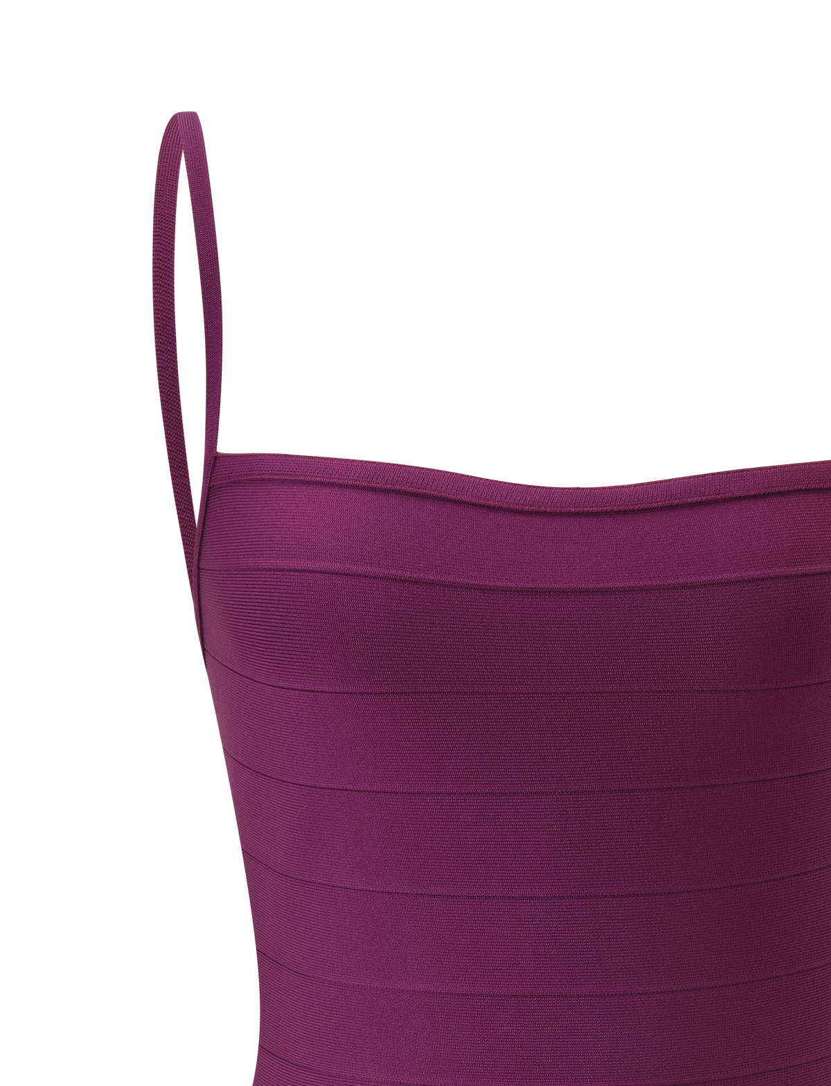 A close-up of the TIGERMIST MIDORI BANDAGE MINI DRESS in plum, showcasing its sleeveless, ribbed design with thin shoulder straps, set against a plain white background.