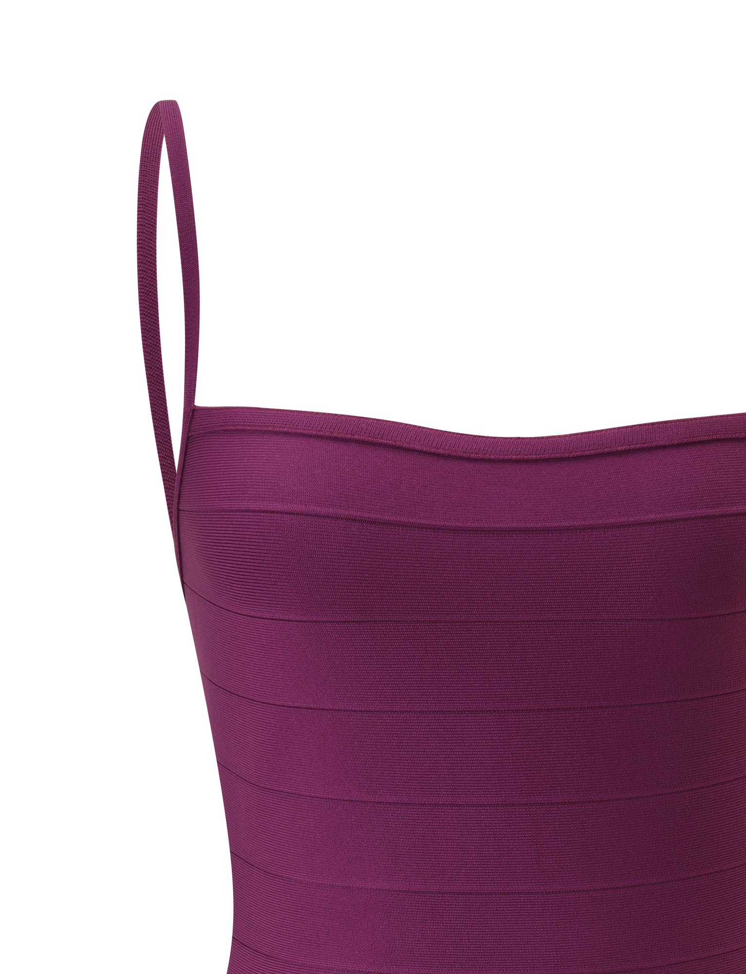 Close-up of the TIGERMIST MIDORI BANDAGE DRESS in plum, featuring a sleeveless, fitted silhouette with thin straps and horizontal banded texture, set against a plain white background.