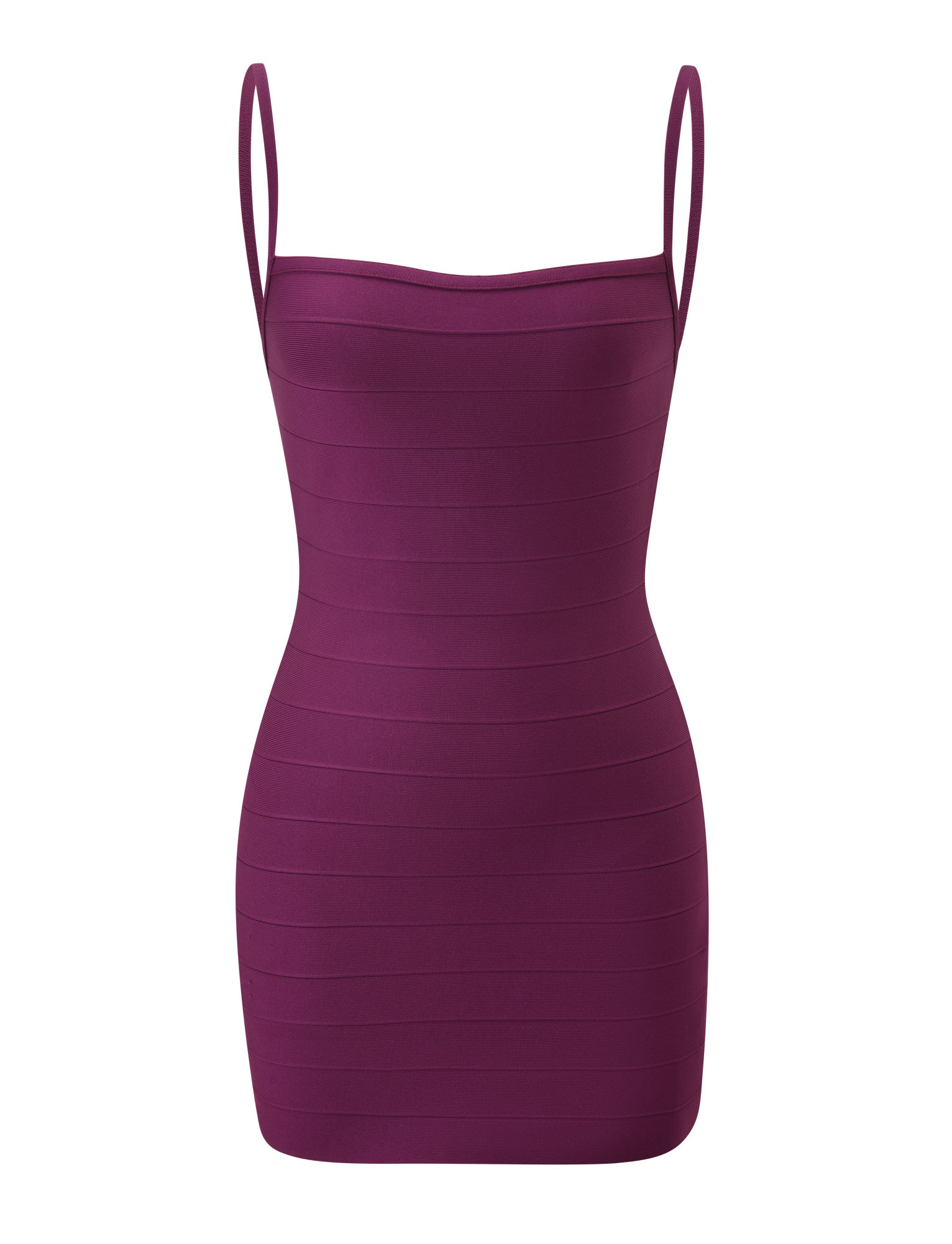 The MIDORI BANDAGE DRESS - PLUM by TIGERMIST is a sleeveless, form-fitting bandage dress in deep purple with thin shoulder straps, shown against a plain white background.